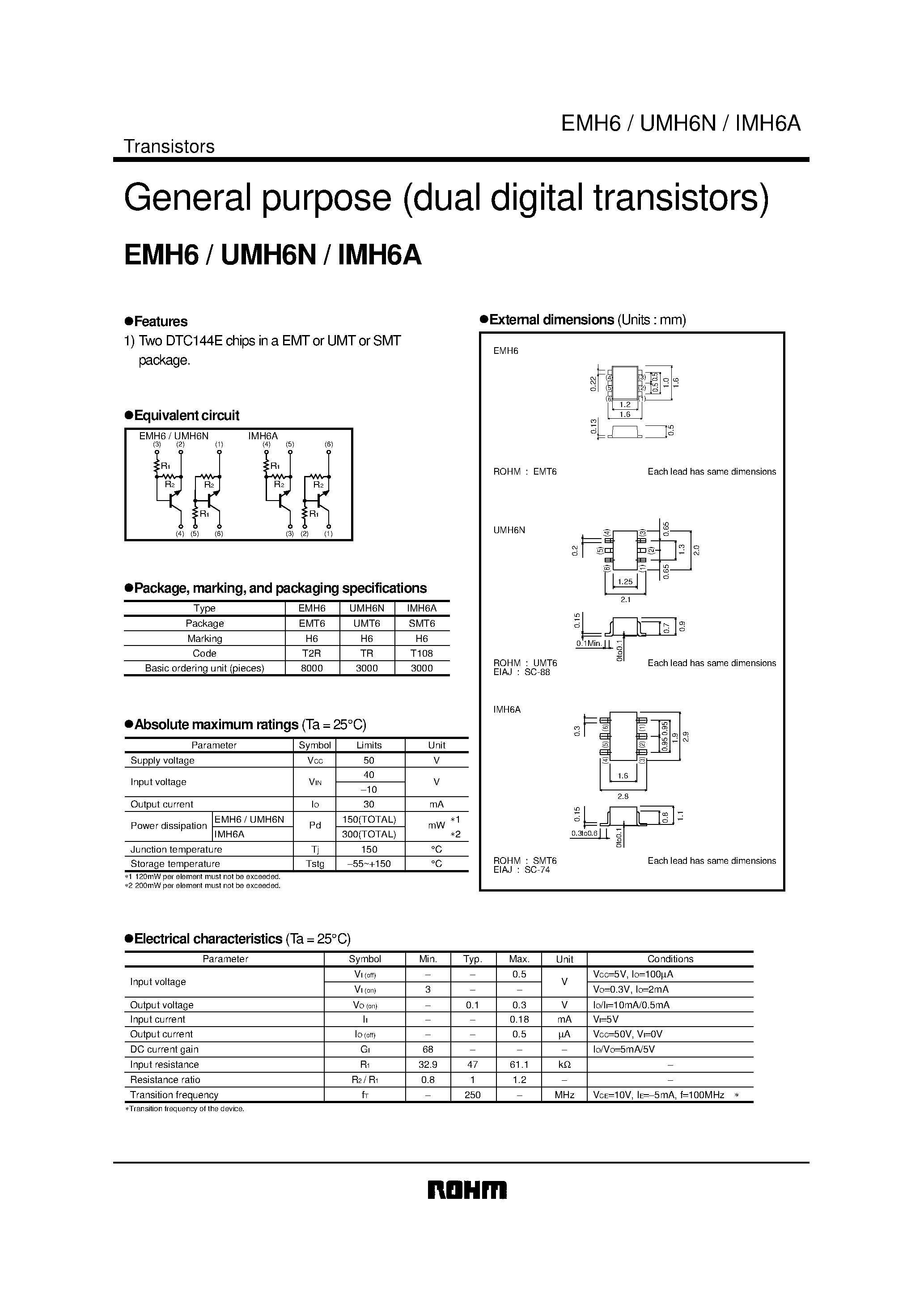 Даташит UMH6N - General purpose (dual digital transistors) страница 1