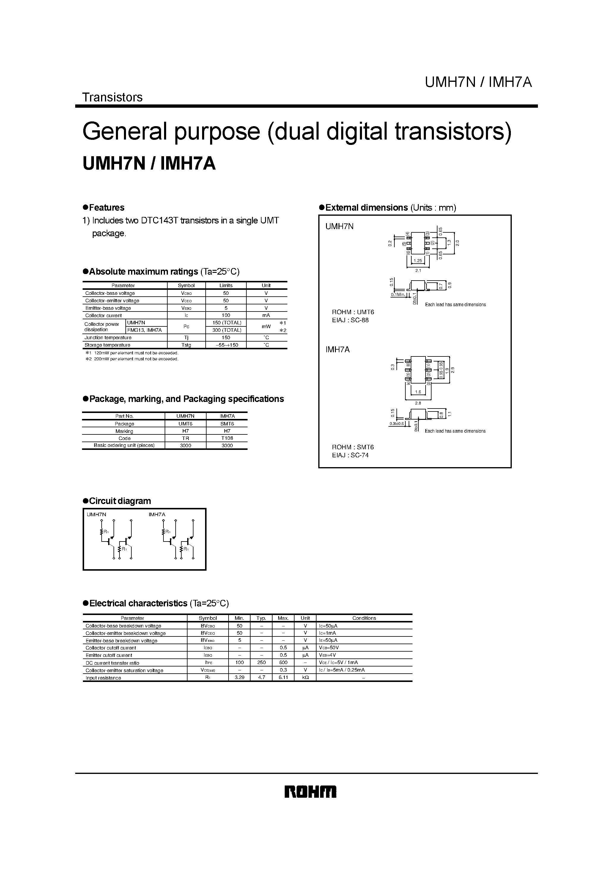 Даташит UMH7N - General purpose (dual digital transistors) страница 1