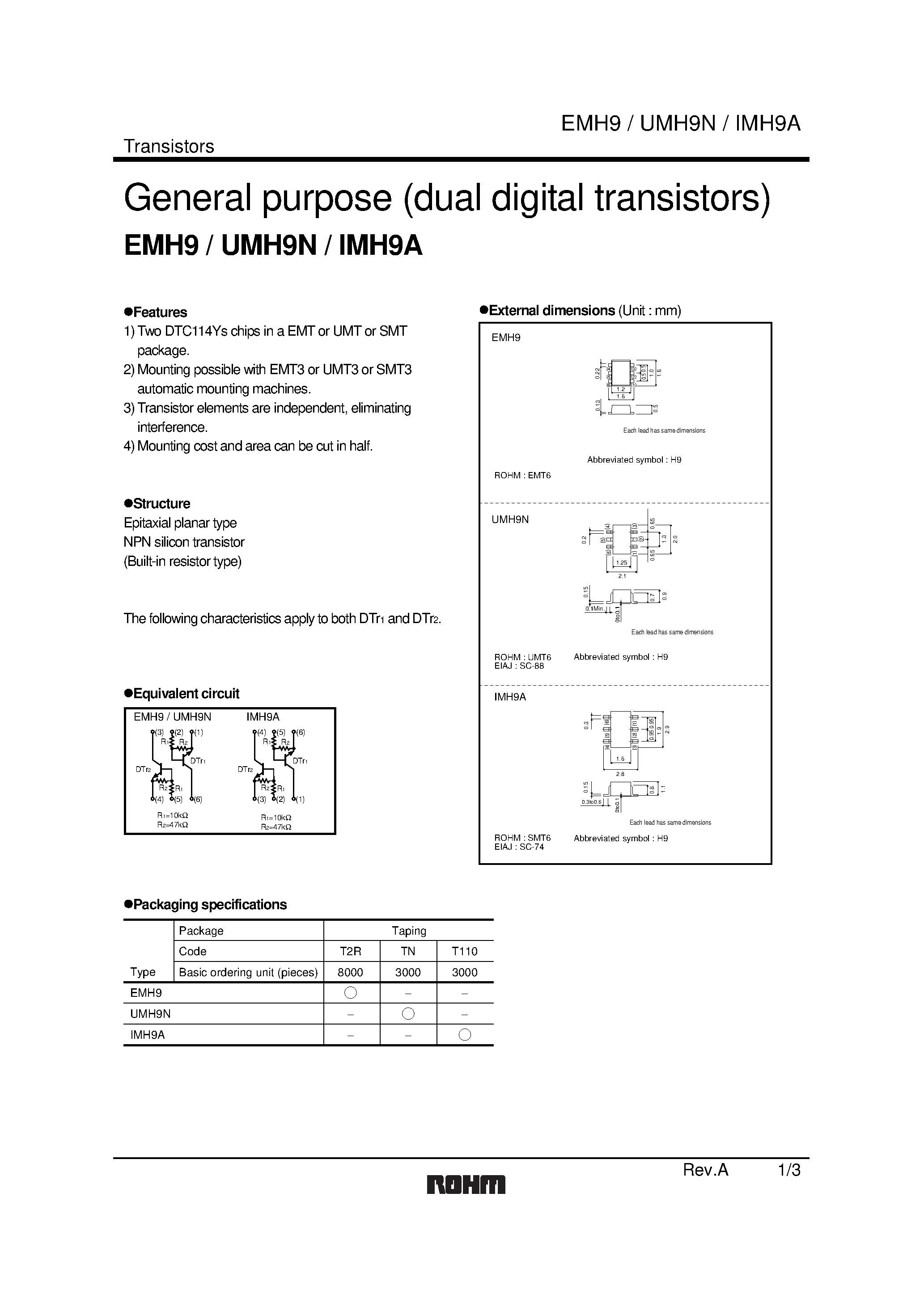 Даташит UMH9N - General purpose (dual digital transistors) страница 1