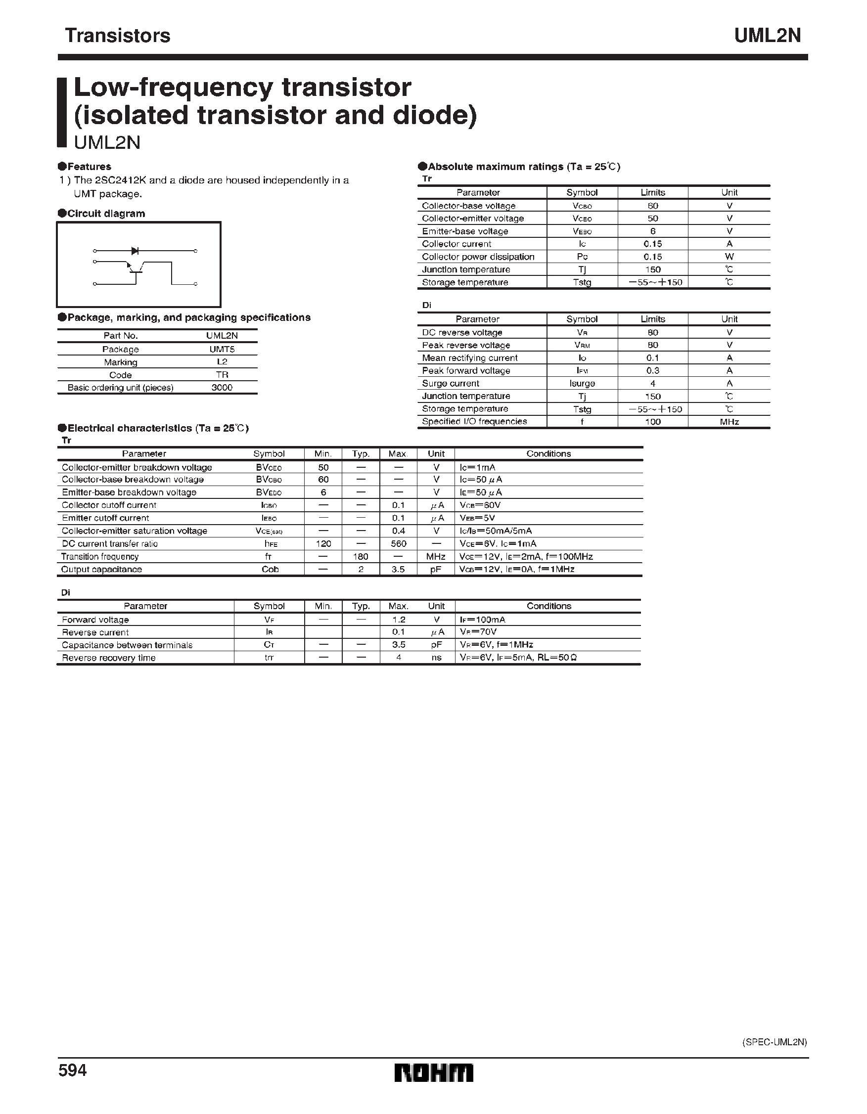 Даташит UML2N - Low-frequency transistor (isolated transistor and diode) страница 1