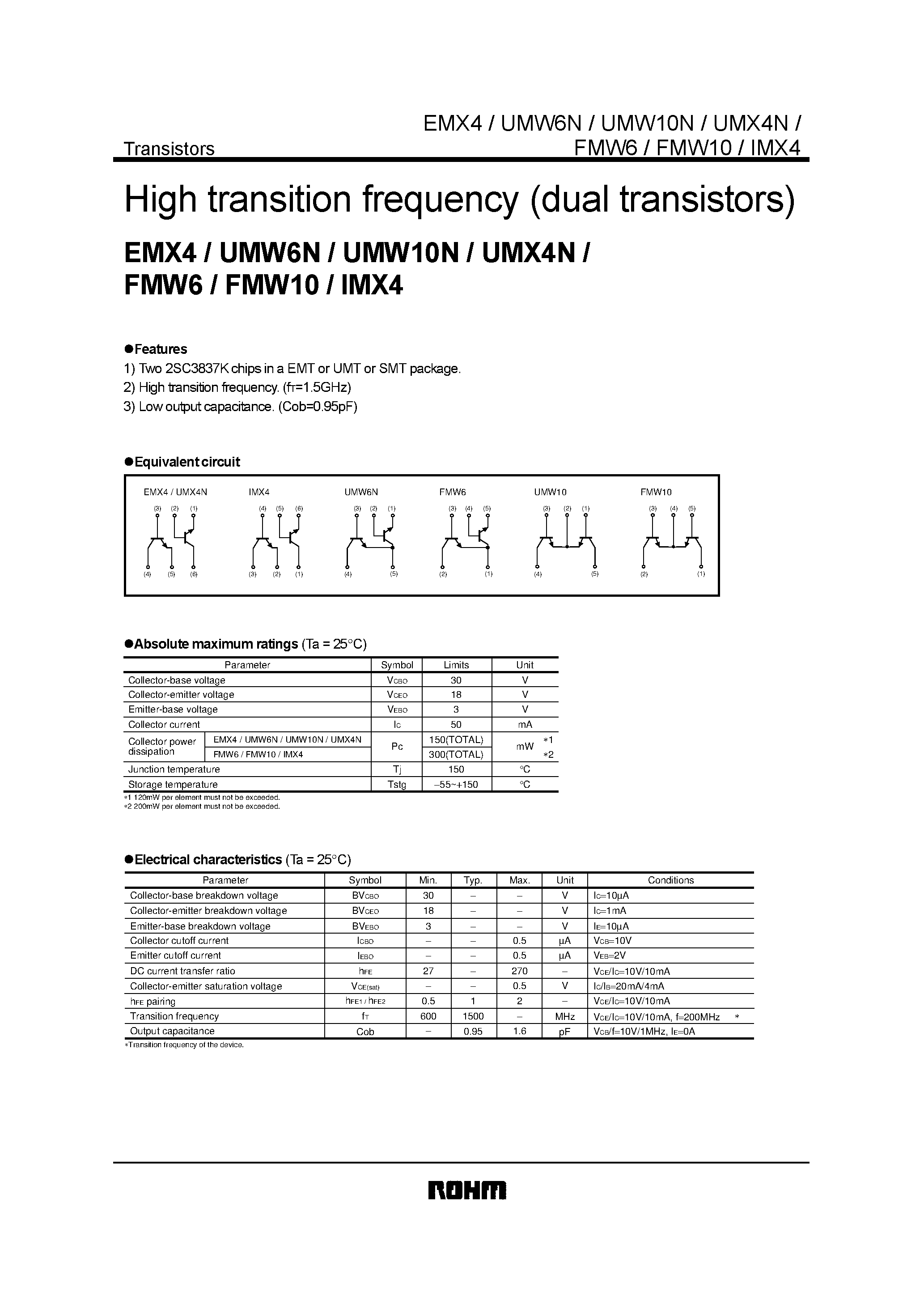 Даташит UMW10N - High transition frequency (dual transistors) страница 1