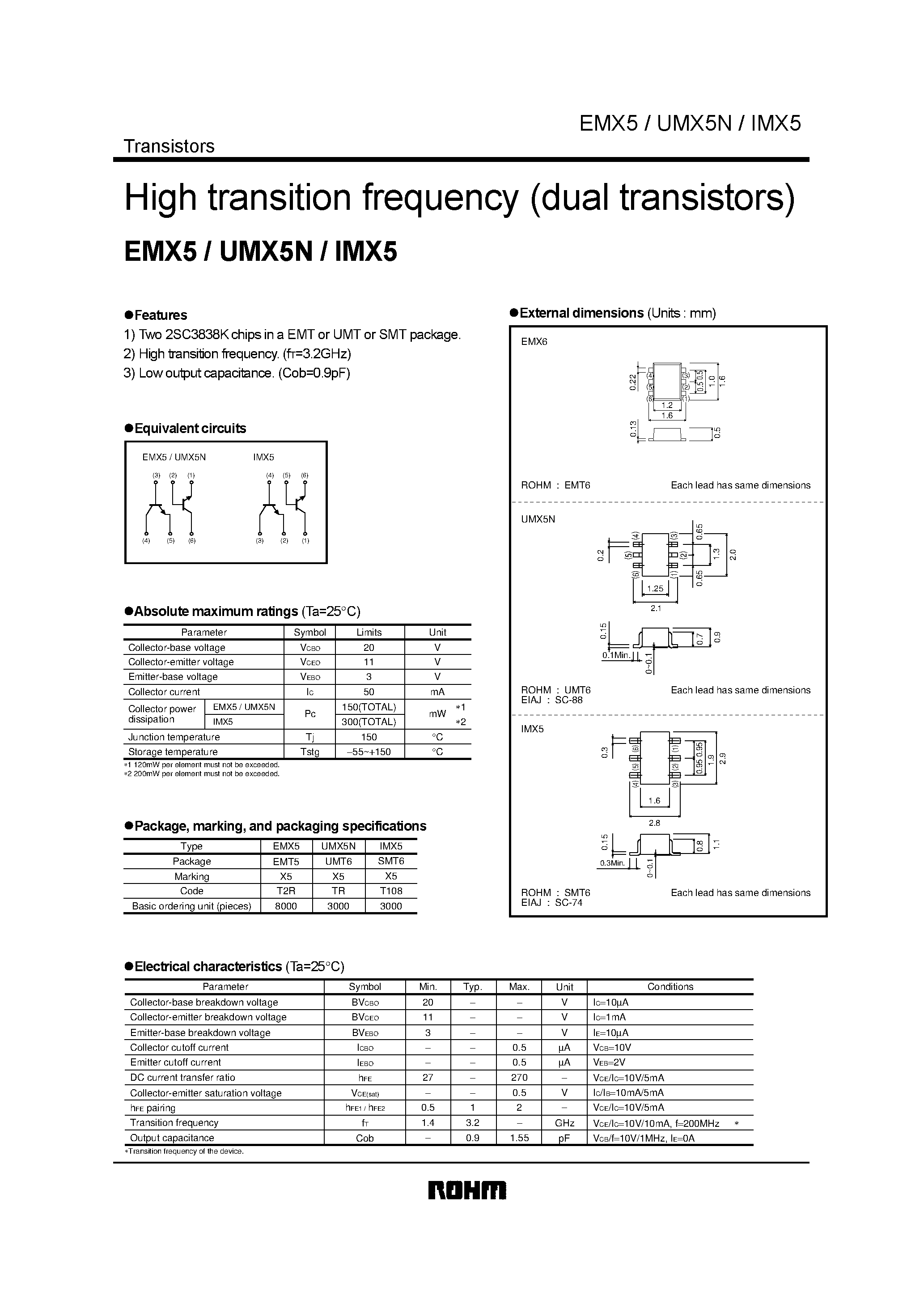 Даташит UMX5N - High transition frequency (dual transistors) страница 1