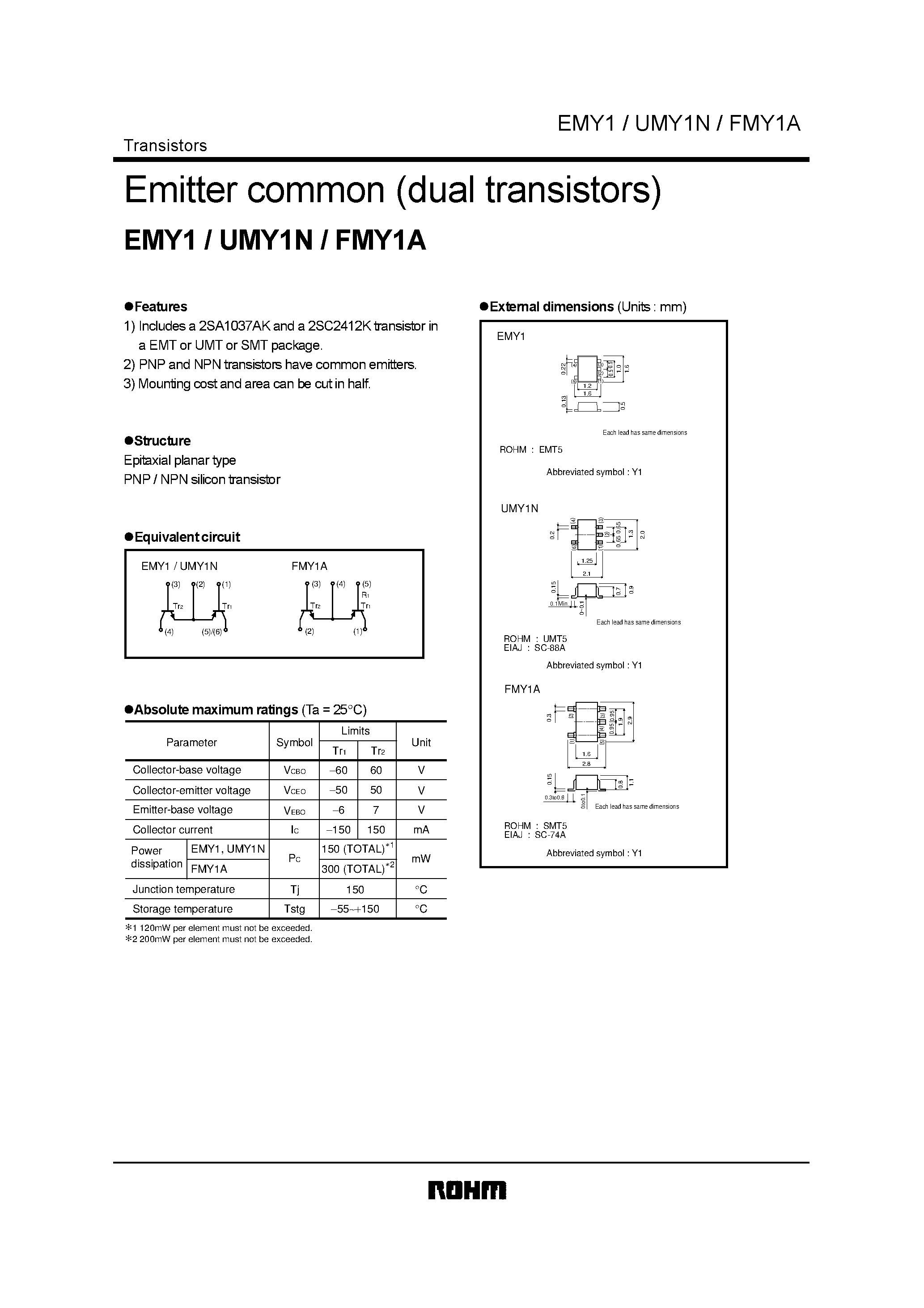 Даташит UMY1N - Emitter common (dual transistors) страница 1