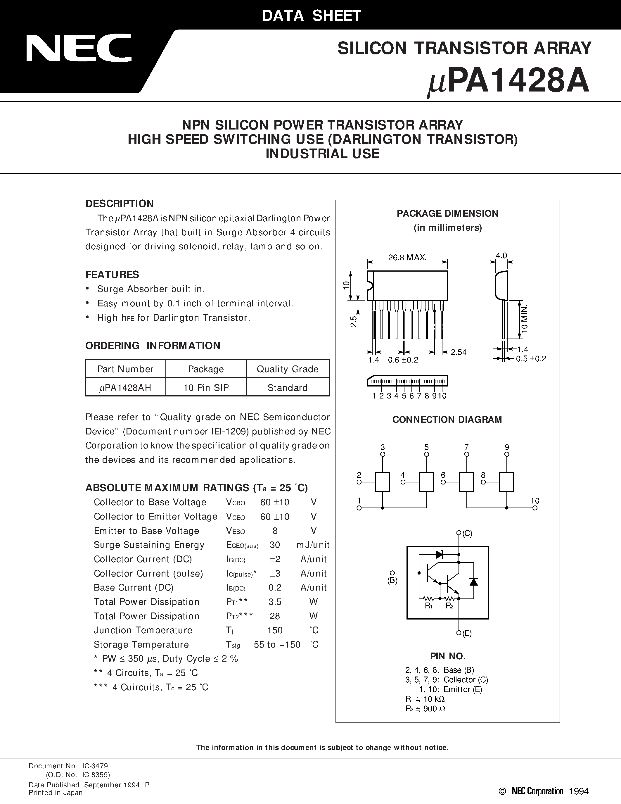 Даташит UPA1428 - NPN SILICON POWER TRANSISTOR ARRAY HIGH SPEED SWITCHING USE DARLINGTON TRANSISTOR INDUSTRIAL USE страница 1