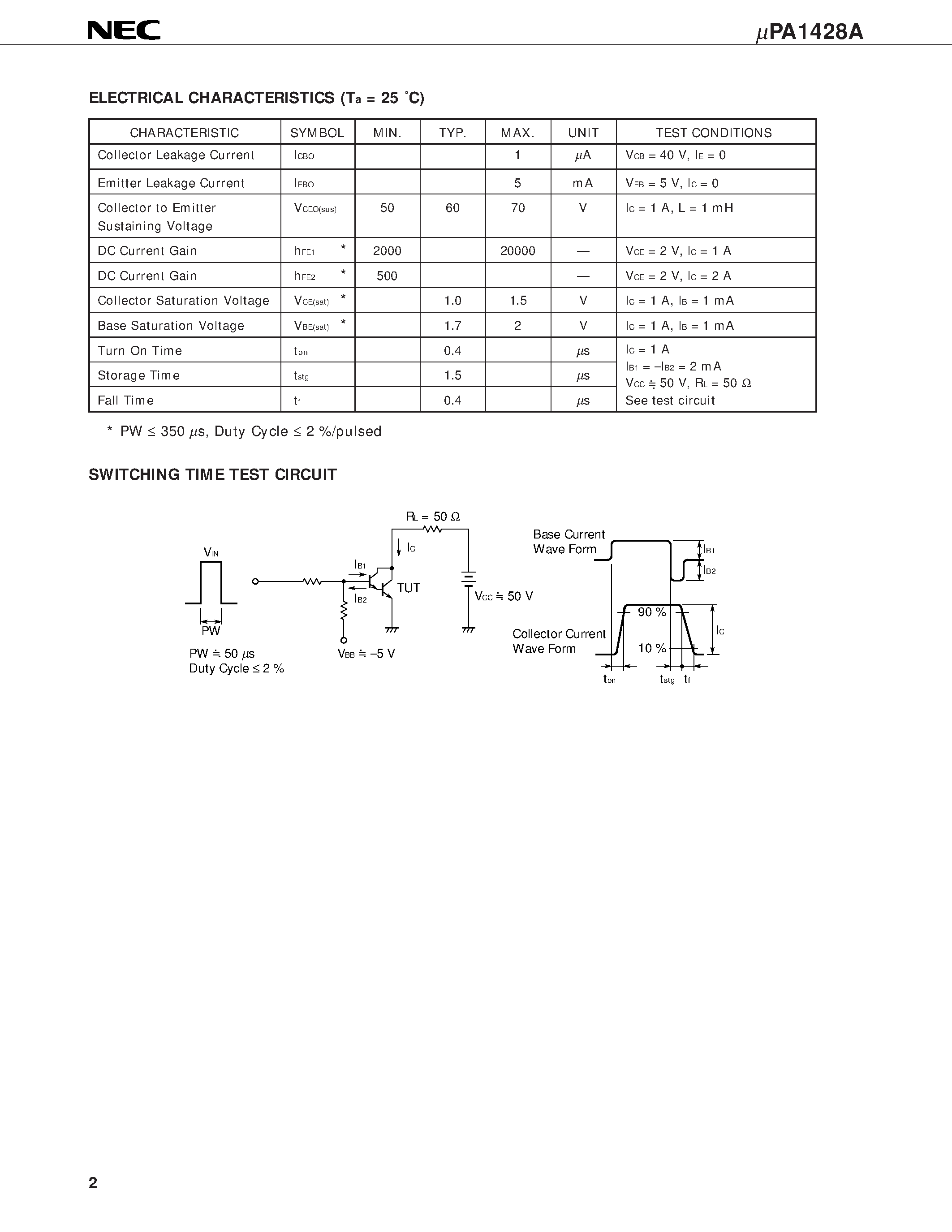 Даташит UPA1428 - NPN SILICON POWER TRANSISTOR ARRAY HIGH SPEED SWITCHING USE DARLINGTON TRANSISTOR INDUSTRIAL USE страница 2