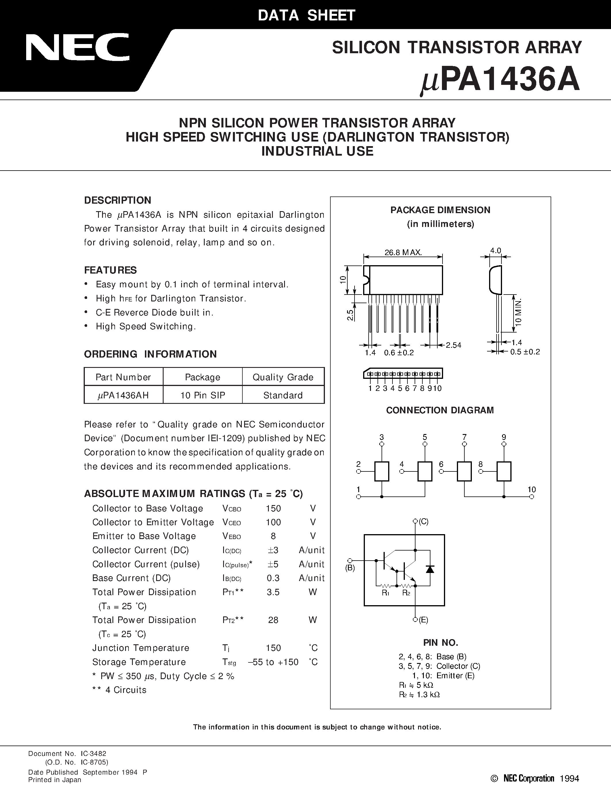 Даташит UPA1436A - NPN SILICON POWER TRANSISTOR ARRAY HIGH SPEED SWITCHING USE DARLINGTON TRANSISTOR INDUSTRIAL USE страница 1