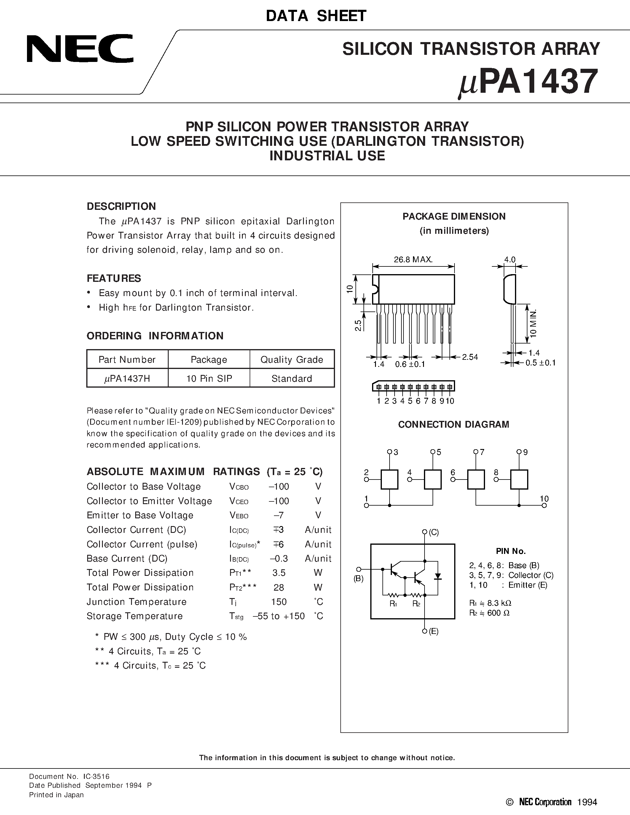 Даташит UPA1437 - PNP SILICON POWER TRANSISTOR ARRAY LOW SPEED SWITCHING USE DARLINGTON TRANSISTOR INDUSTRIAL USE страница 1