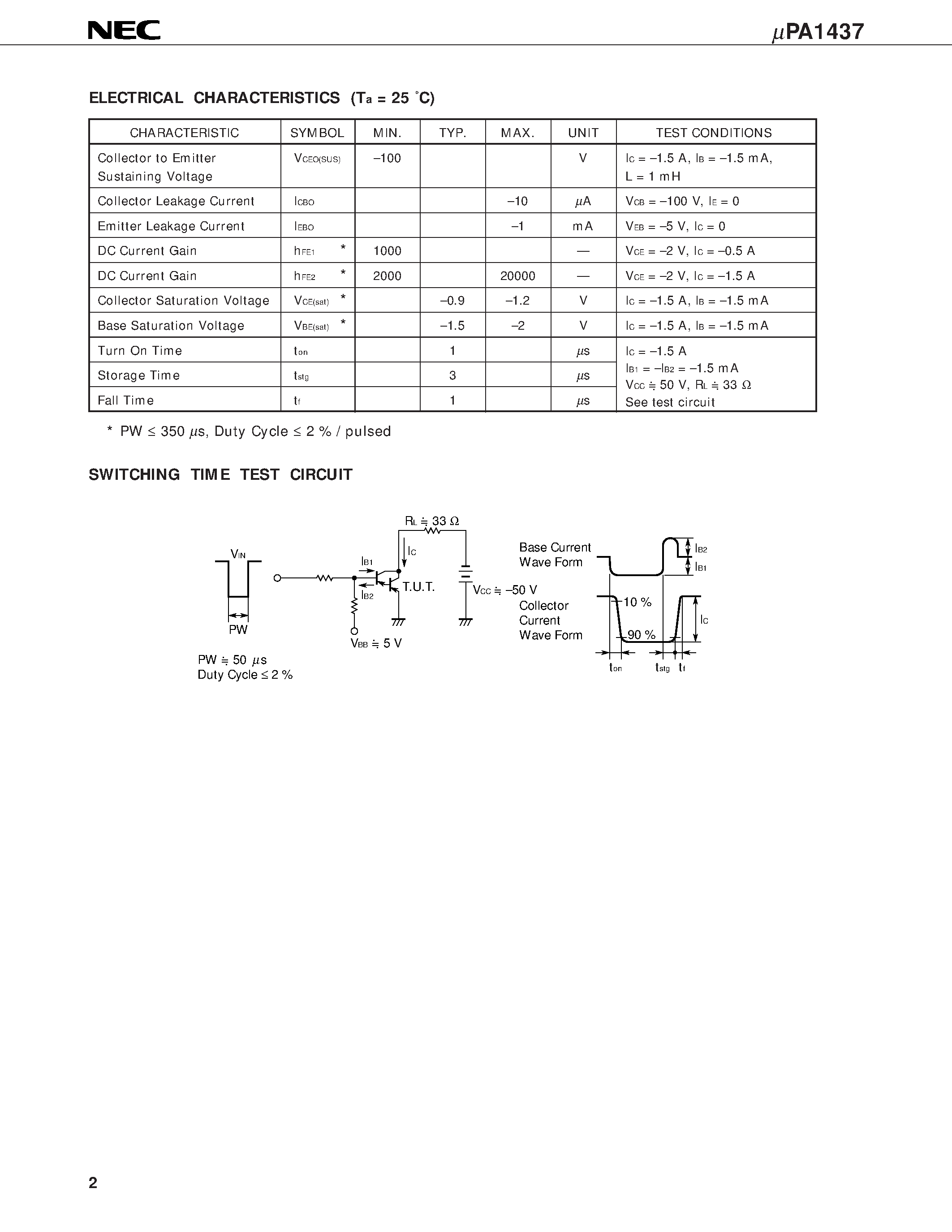 Даташит UPA1437 - PNP SILICON POWER TRANSISTOR ARRAY LOW SPEED SWITCHING USE DARLINGTON TRANSISTOR INDUSTRIAL USE страница 2