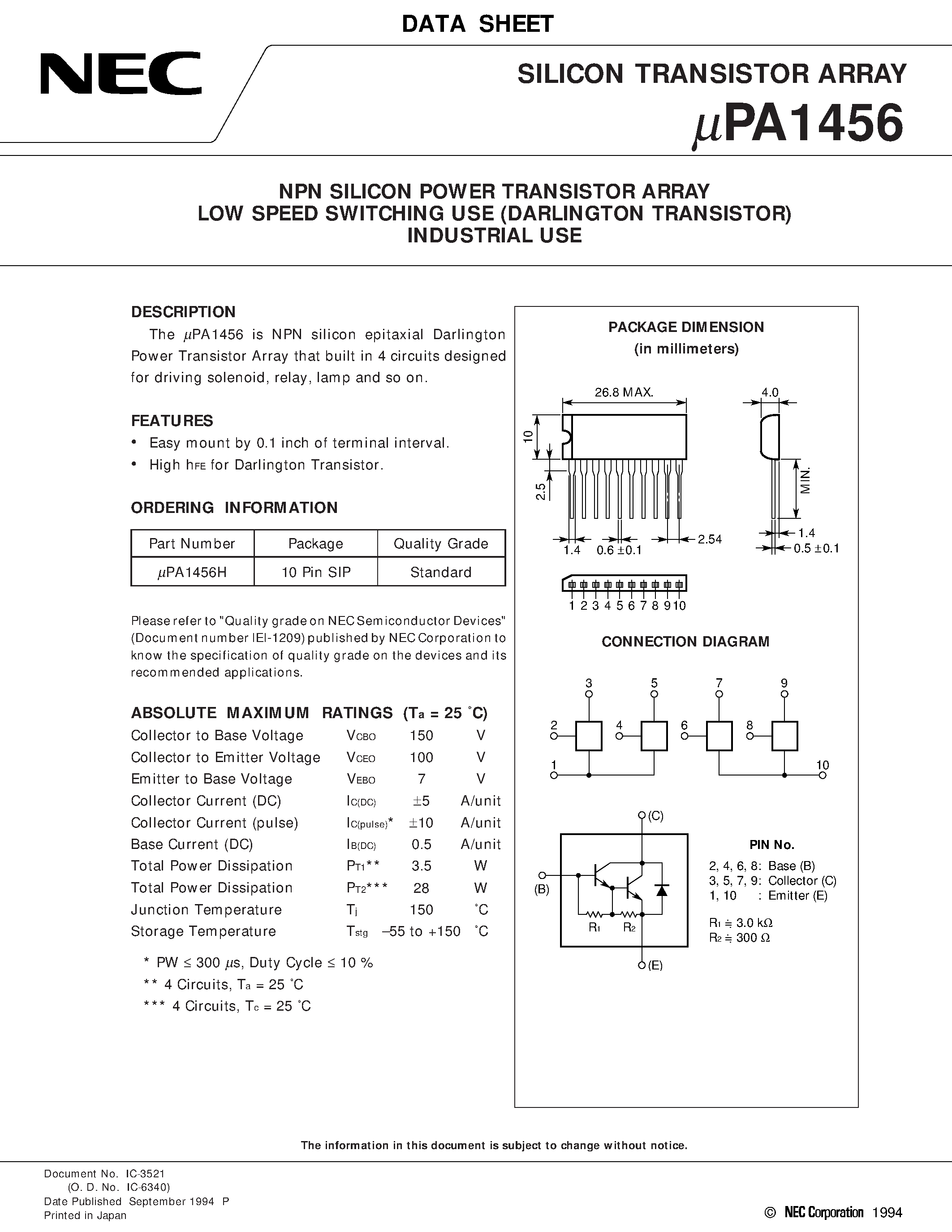 Даташит UPA1456 - NPN SILICON POWER TRANSISTOR ARRAY LOW SPEED SWITCHING USE DARLINGTON TRANSISTOR INDUSTRIAL USE страница 1