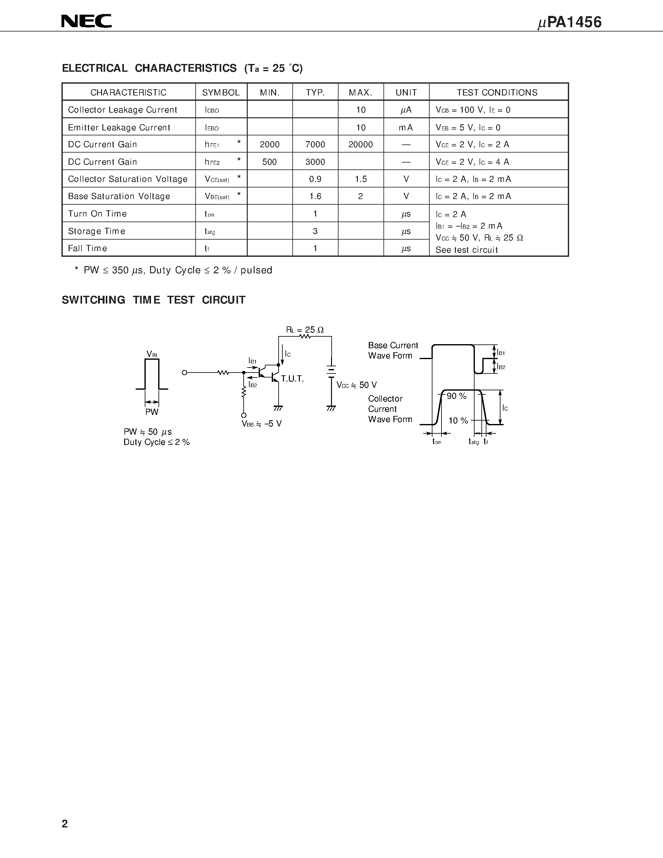 Даташит UPA1456 - NPN SILICON POWER TRANSISTOR ARRAY LOW SPEED SWITCHING USE DARLINGTON TRANSISTOR INDUSTRIAL USE страница 2