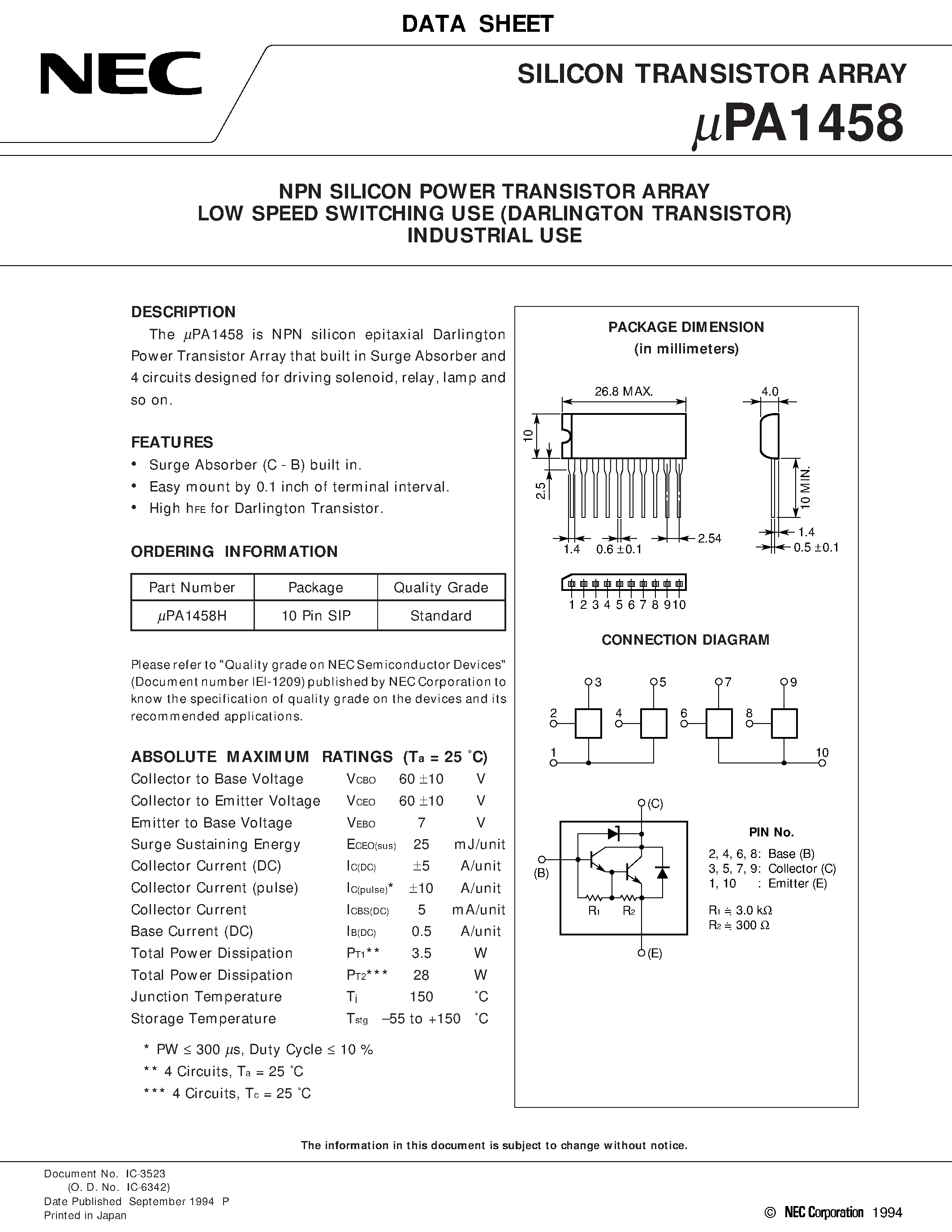 Даташит UPA1458 - NPN SILICON POWER TRANSISTOR ARRAY LOW SPEED SWITCHING USE DARLINGTON TRANSISTOR INDUSTRIAL USE страница 1