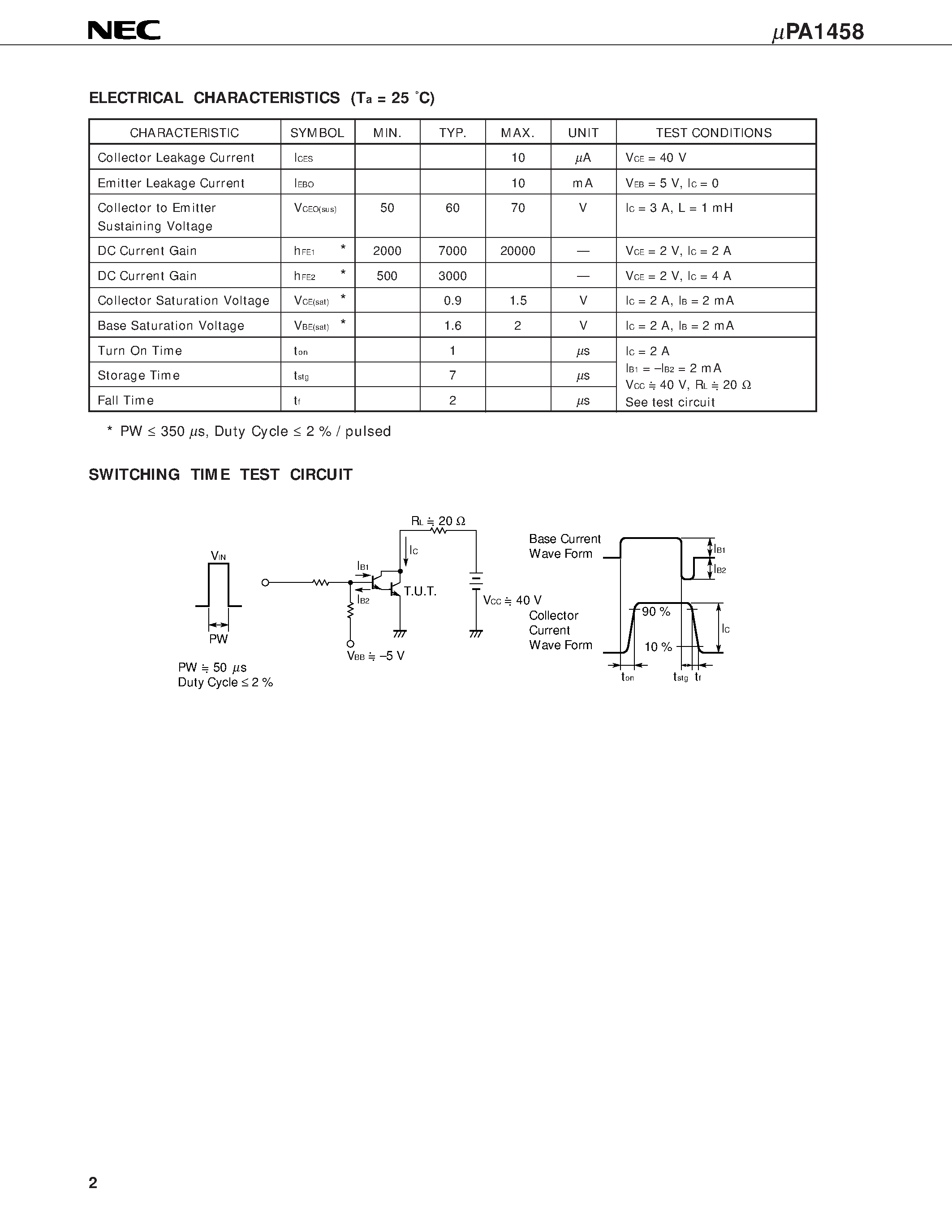 Даташит UPA1458 - NPN SILICON POWER TRANSISTOR ARRAY LOW SPEED SWITCHING USE DARLINGTON TRANSISTOR INDUSTRIAL USE страница 2