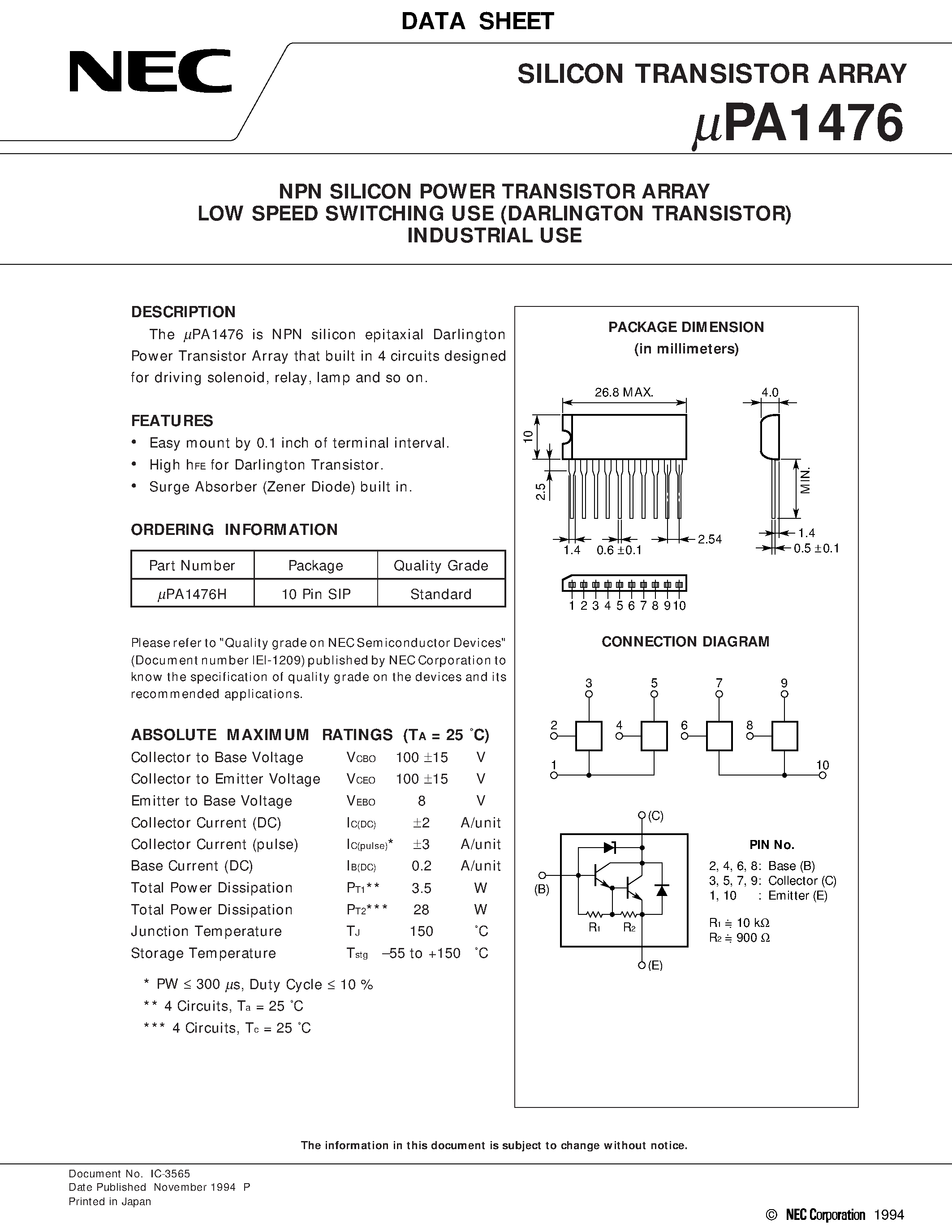 Даташит UPA1476H - NPN SILICON POWER TRANSISTOR ARRAY LOW SPEED SWITCHING USE DARLINGTON TRANSISTOR INDUSTRIAL USE страница 1