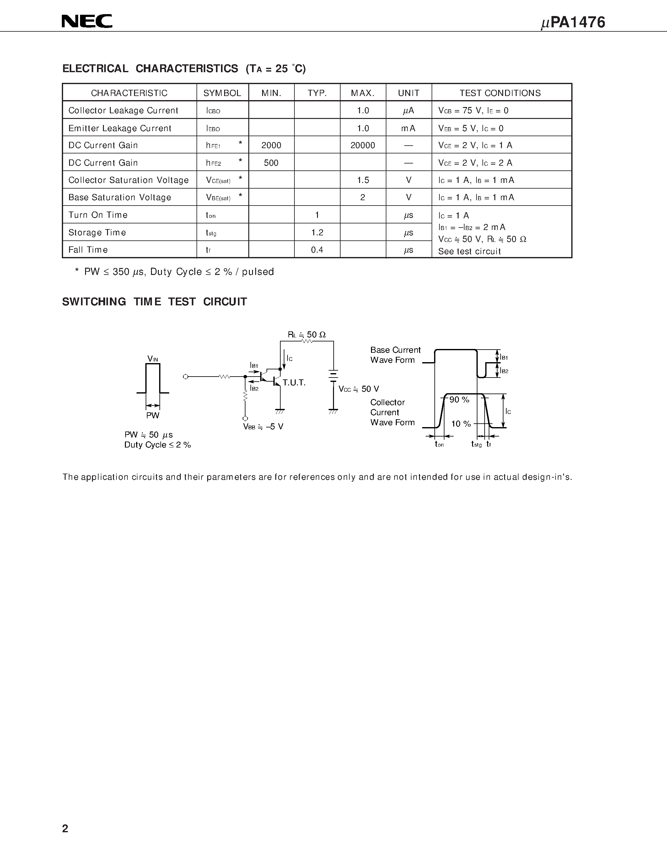 Даташит UPA1476H - NPN SILICON POWER TRANSISTOR ARRAY LOW SPEED SWITCHING USE DARLINGTON TRANSISTOR INDUSTRIAL USE страница 2