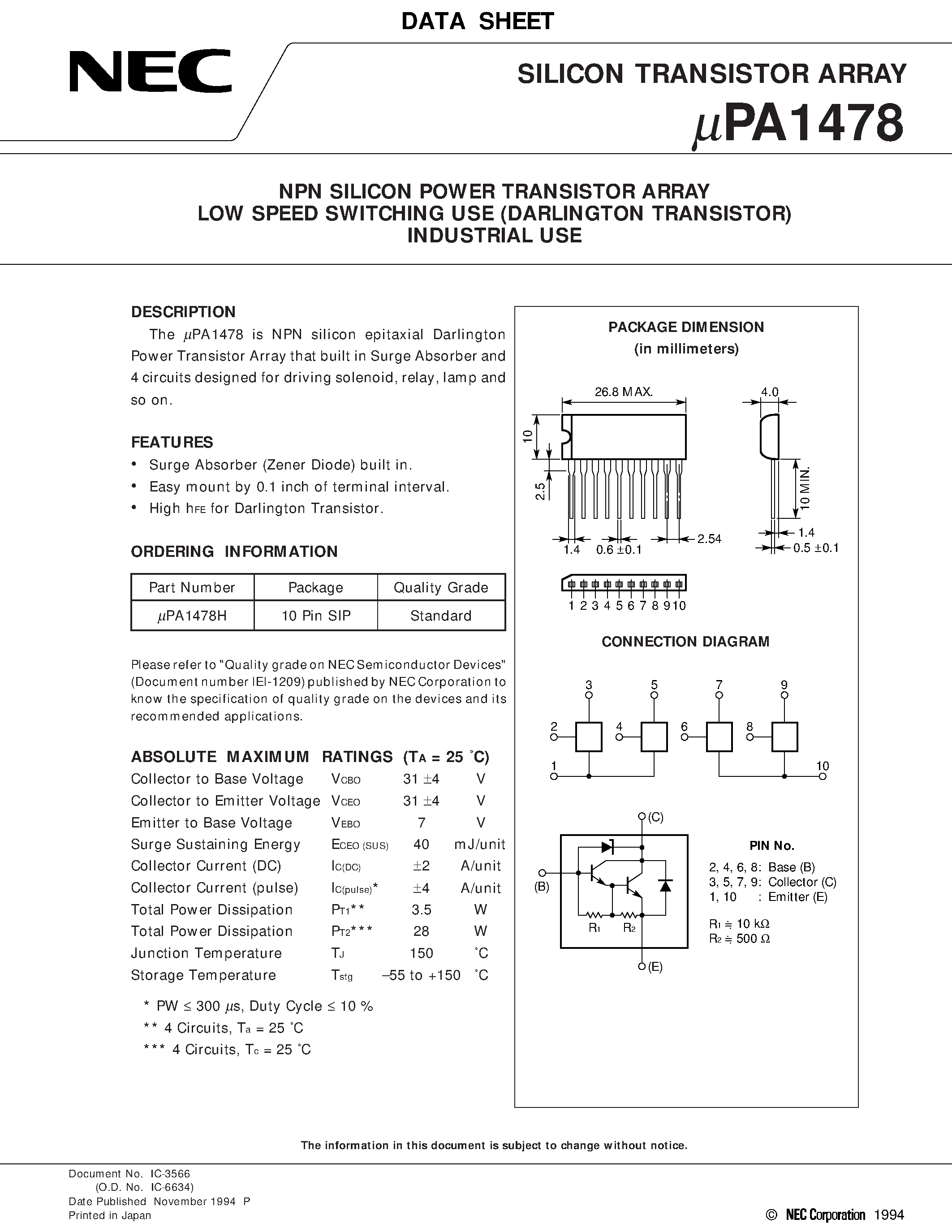 Даташит UPA1478 - NPN SILICON POWER TRANSISTOR ARRAY LOW SPEED SWITCHING USE DARLINGTON TRANSISTOR INDUSTRIAL USE страница 1