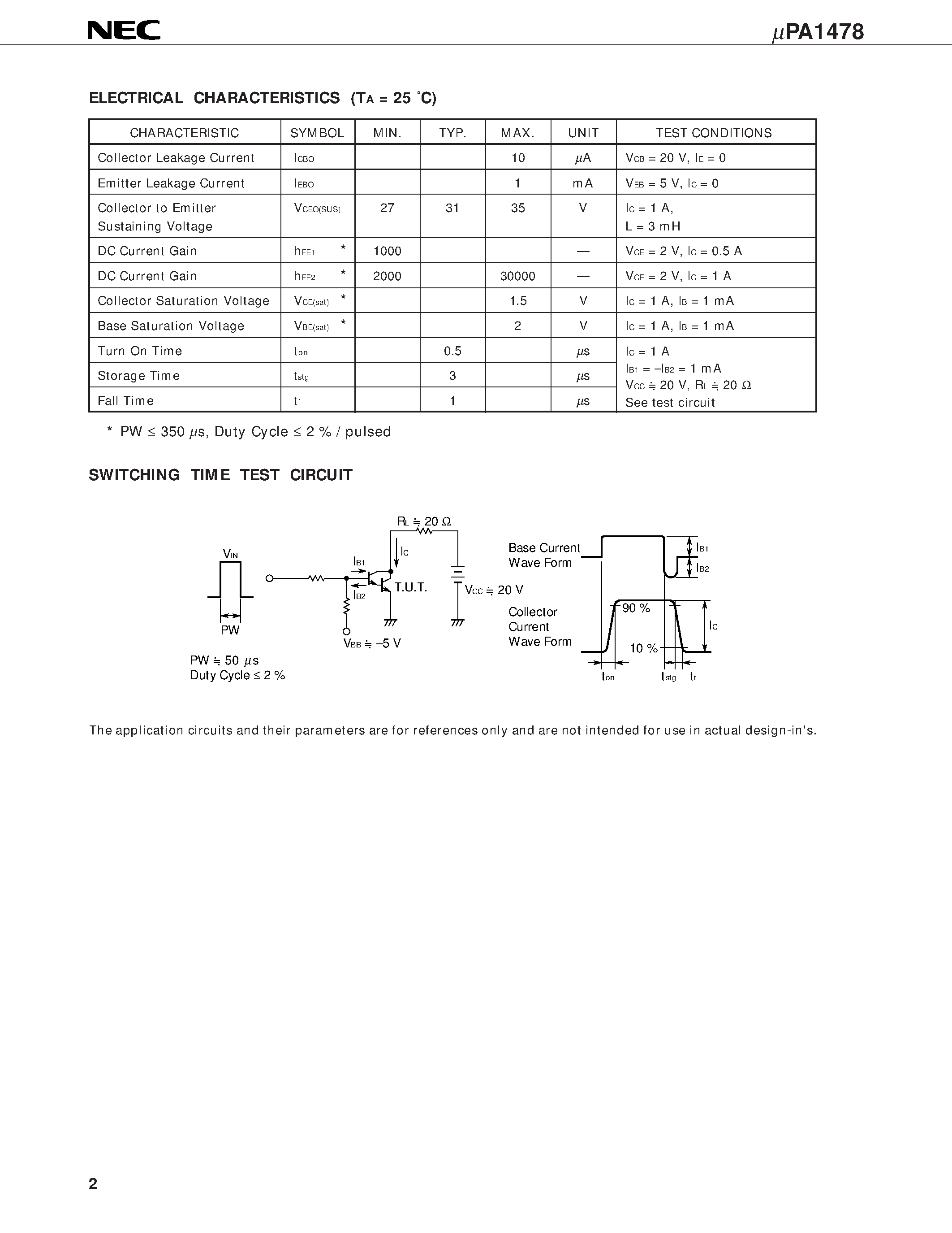 Даташит UPA1478 - NPN SILICON POWER TRANSISTOR ARRAY LOW SPEED SWITCHING USE DARLINGTON TRANSISTOR INDUSTRIAL USE страница 2