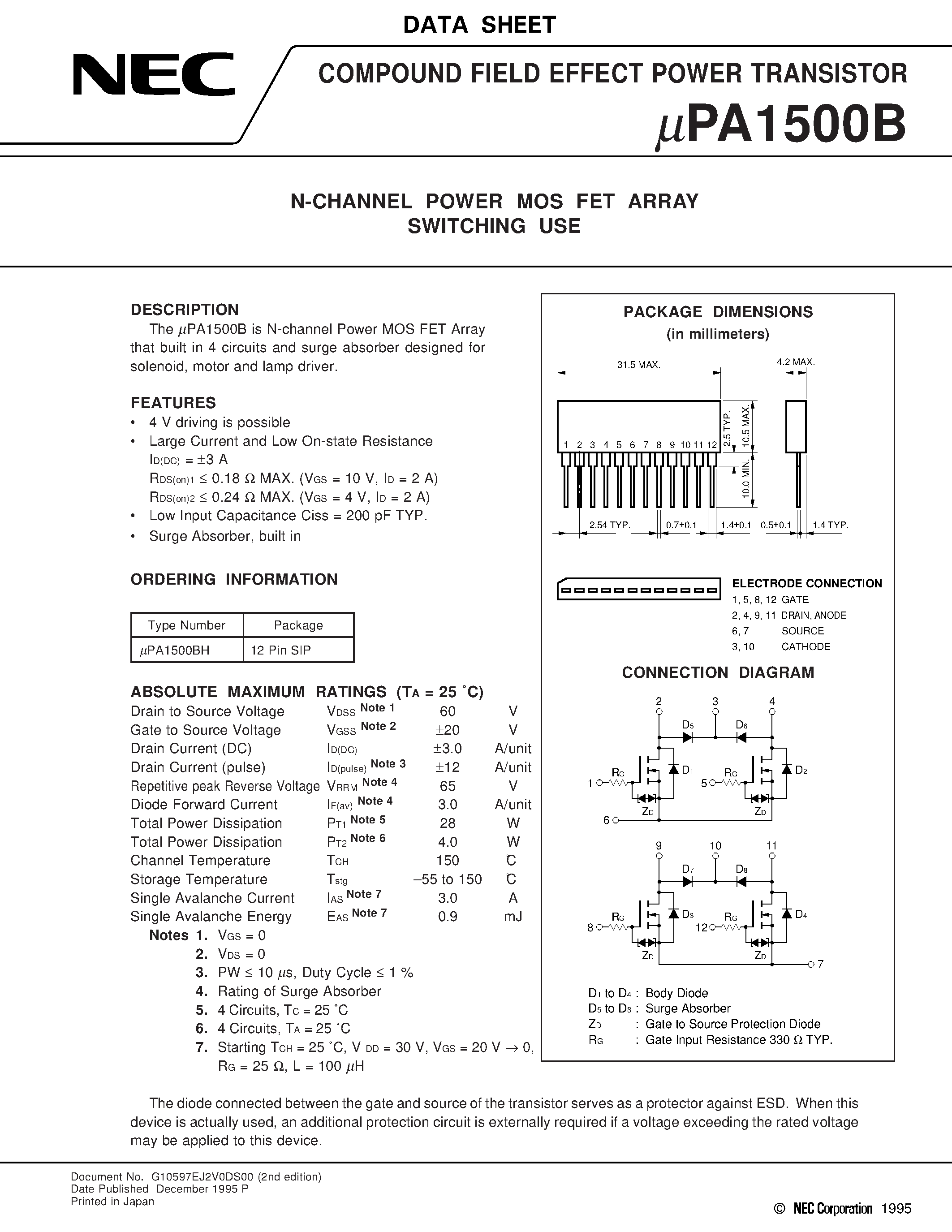 Даташит UPA1500 - N-CHANNEL POWER MOS FET ARRAY SWITCHING USE страница 1