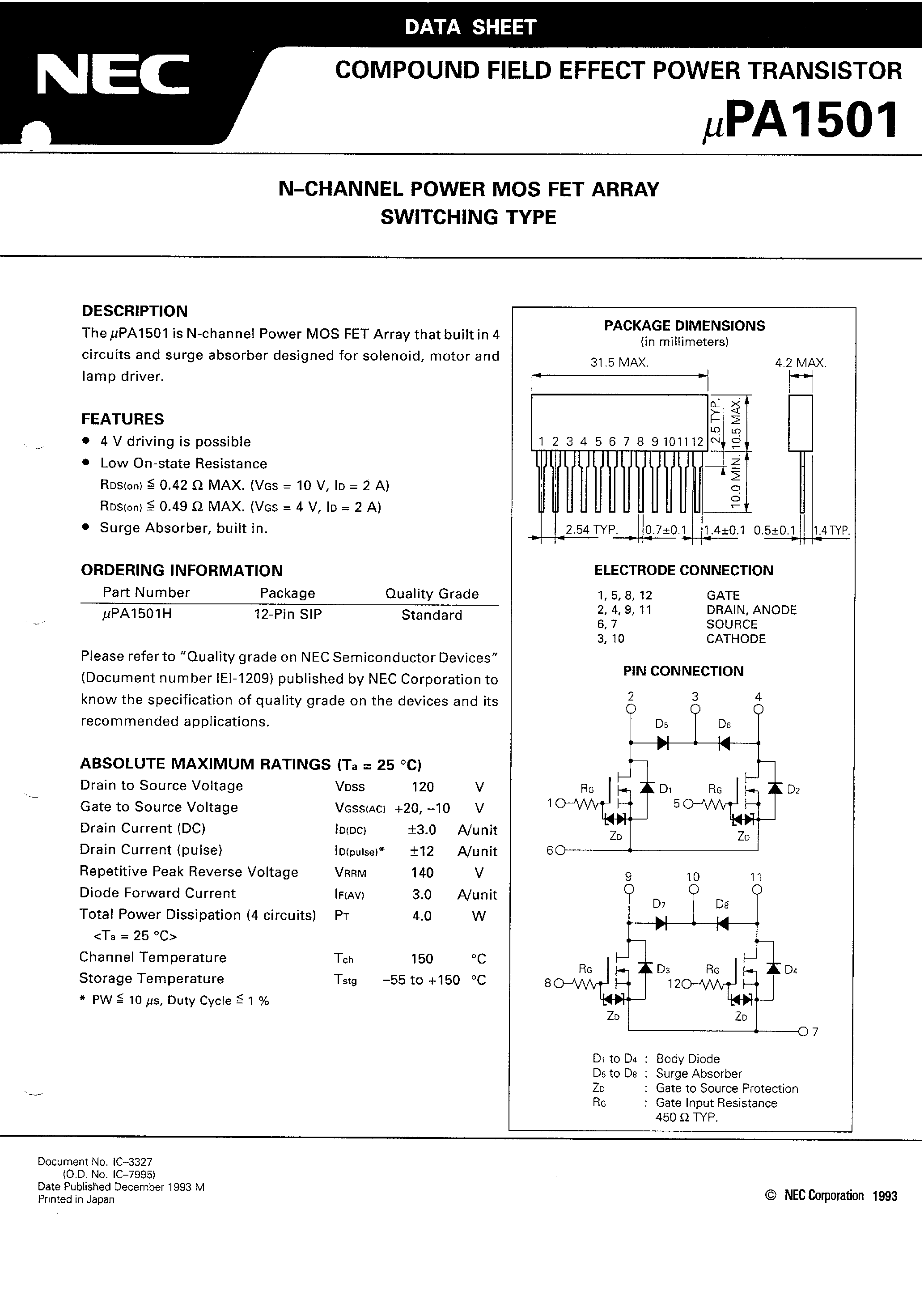 Даташит UPA1501 - N - CHANNEL POWER MOS FET ARRAY SWITCHING TYPE страница 2