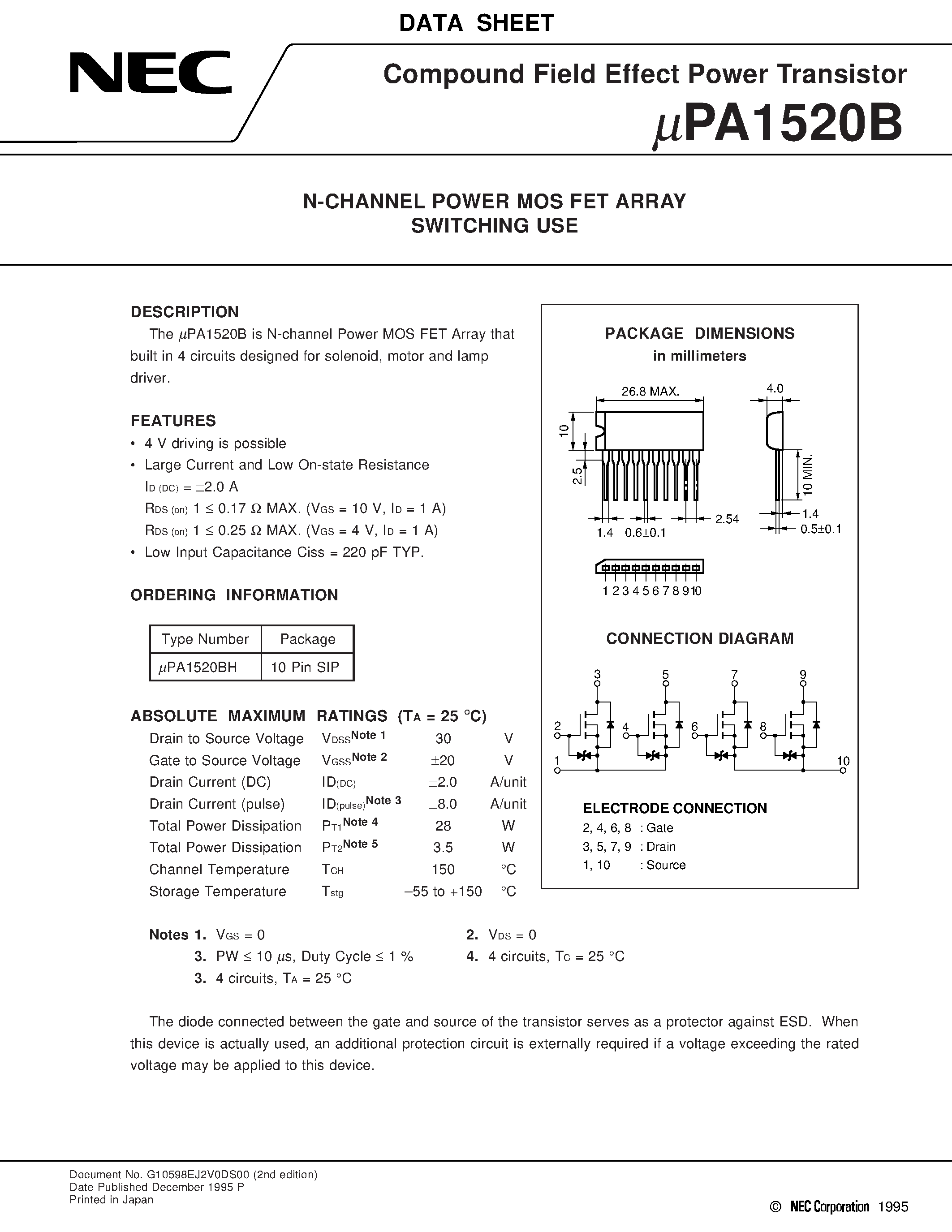 Даташит UPA1520B - N-CHANNEL POWER MOS FET ARRAY SWITCHING USE страница 1