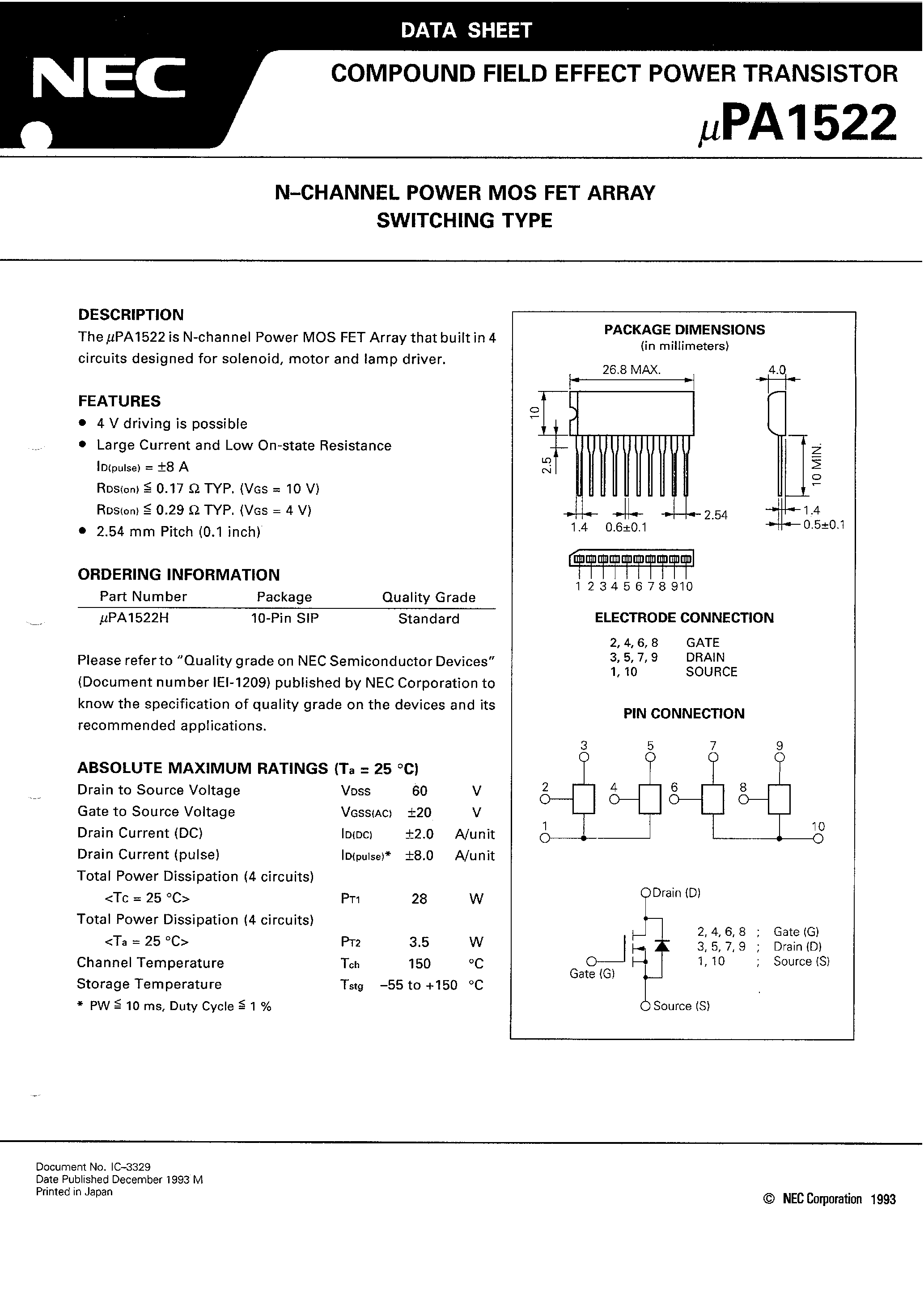 Даташит UPA1522 - N - CHANNEL POWER MOS FET ARRAY SWITCHING TYPE страница 2