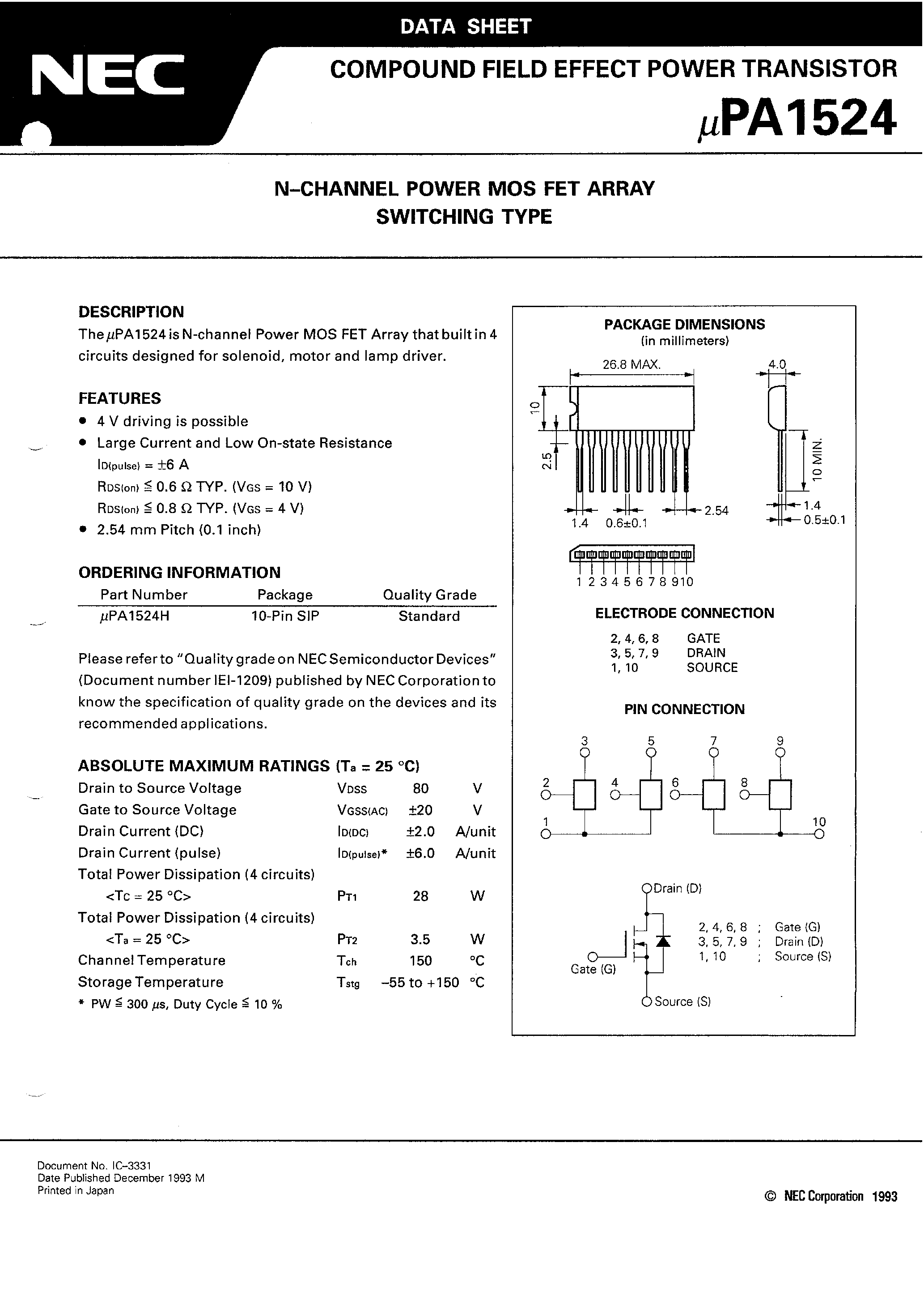 Даташит UPA1524 - N - CHANNEL POWER MOS FET ARRAY SWITCHING TYPE страница 2