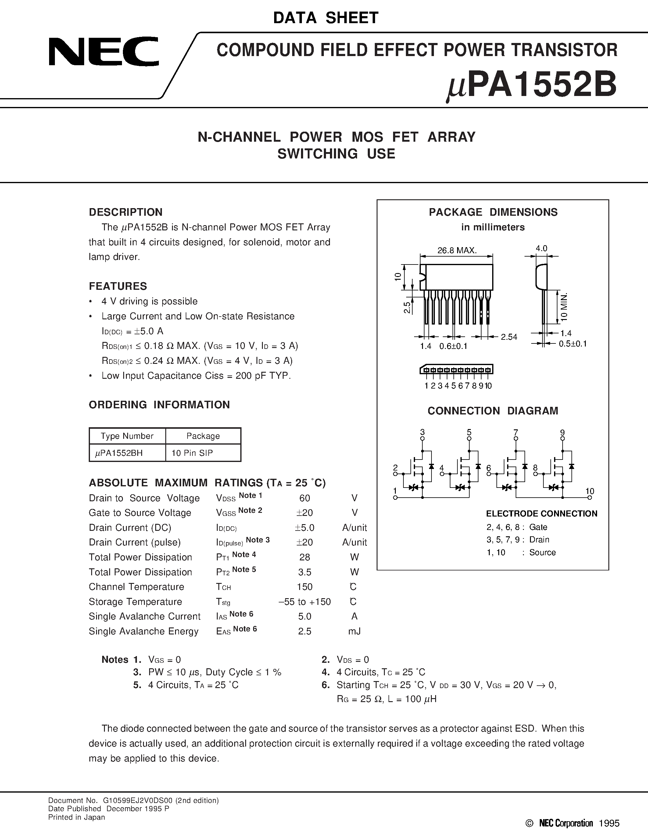 Даташит UPA1552 - N-CHANNEL POWER MOS FET ARRAY SWITCHING USE страница 1