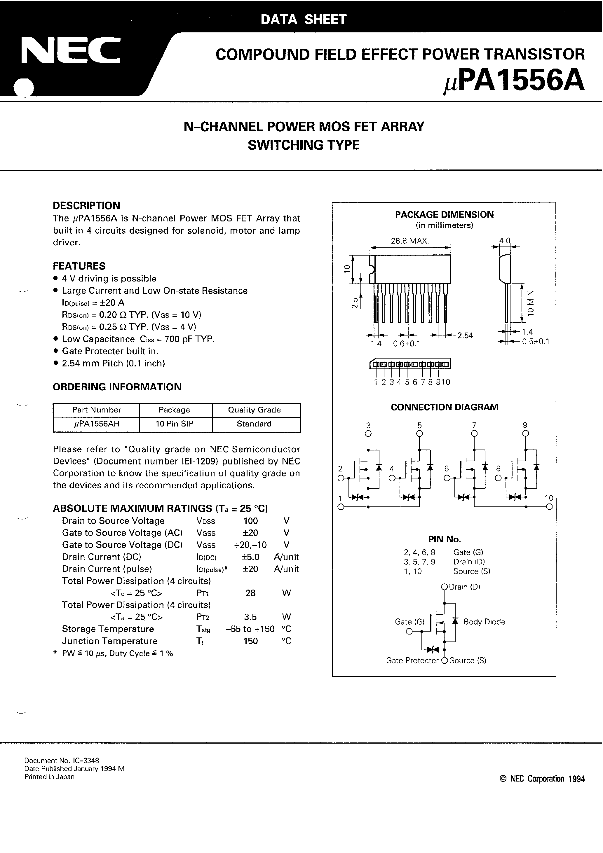 Даташит UPA1556A - N - CHANNEL POWER MOS FET ARRAY SWITCHING TYPE страница 2