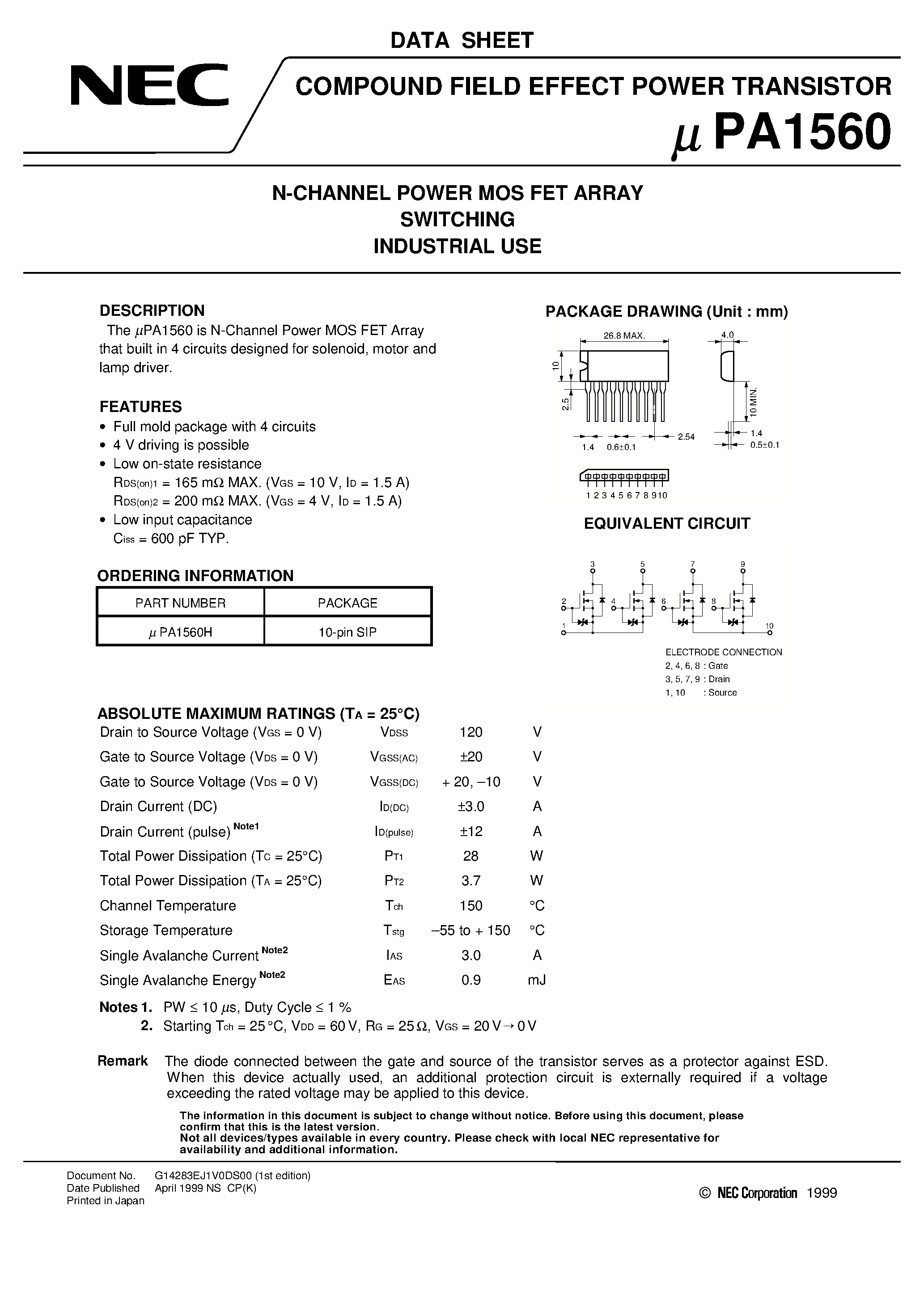 Даташит UPA1560 - N-CHANNEL POWER MOS FET ARRAY SWITCHING INDUSTRIAL USE страница 1