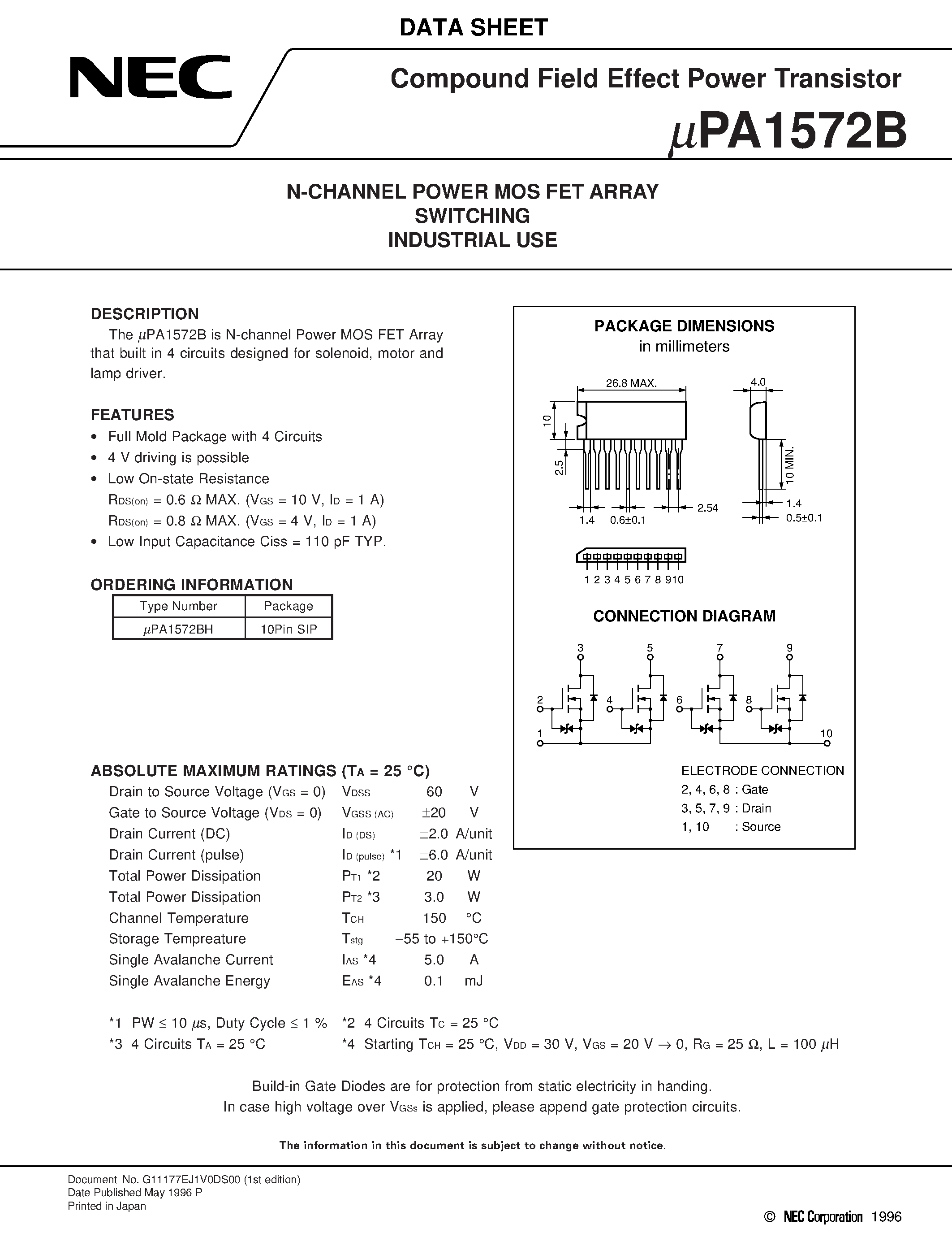 Даташит UPA1572B - N-CHANNEL POWER MOS FET ARRAY SWITCHING INDUSTRIAL USE страница 1