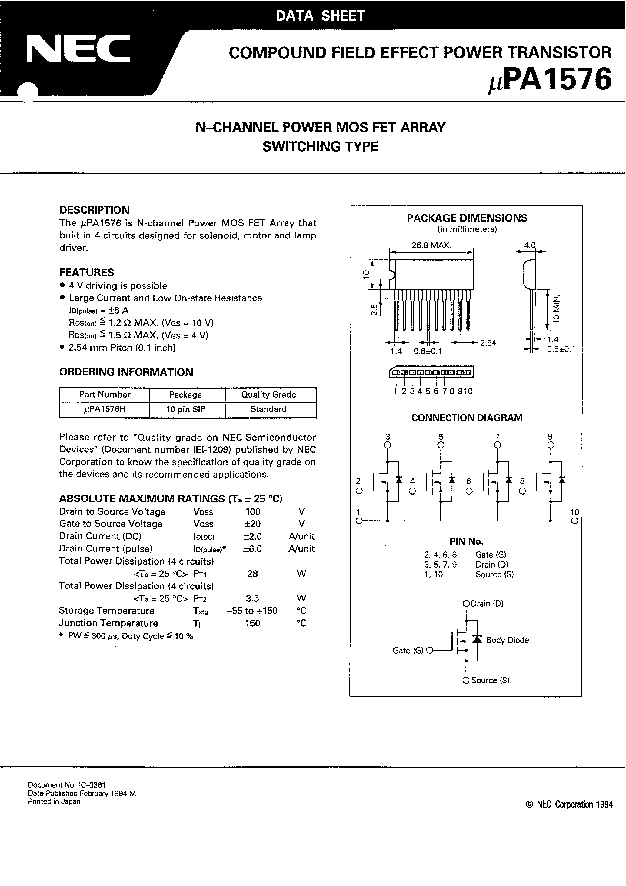 Даташит UPA1576 - N - CHANNEL POWER MOS FET ARRAY SWITCHING TYPE страница 2