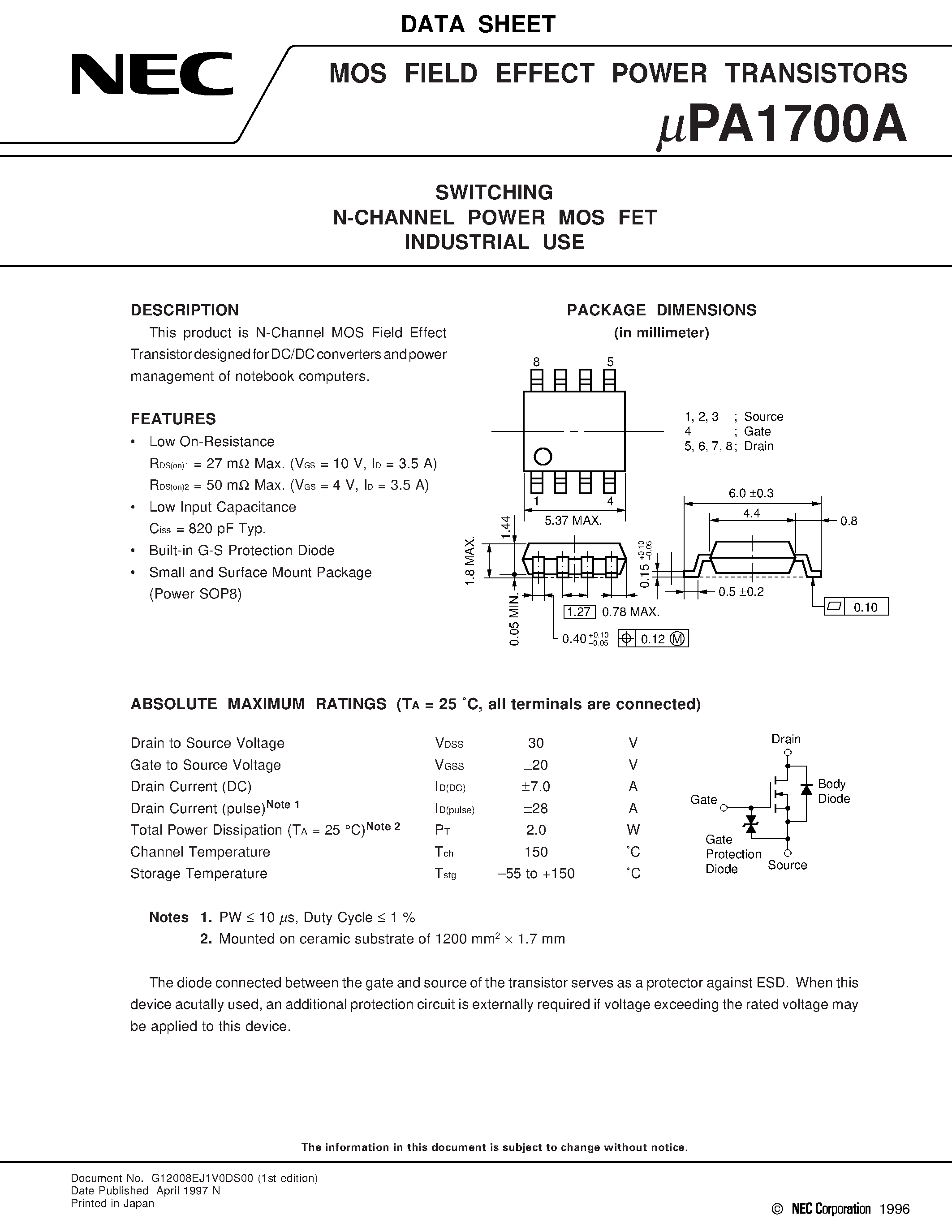 Даташит UPA1700A - SWITCHING N-CHANNEL POWER MOS FET INDUSTRIAL USE страница 1