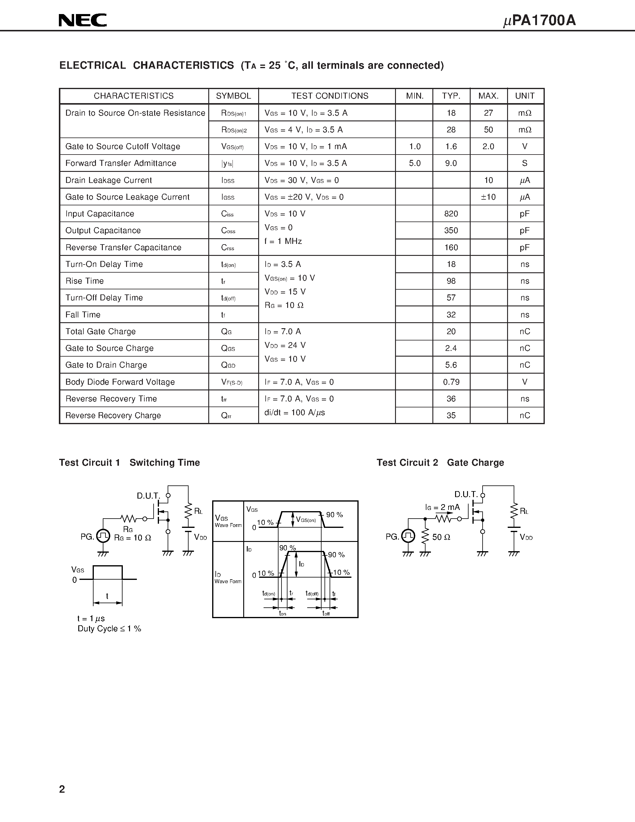 Даташит UPA1700A - SWITCHING N-CHANNEL POWER MOS FET INDUSTRIAL USE страница 2