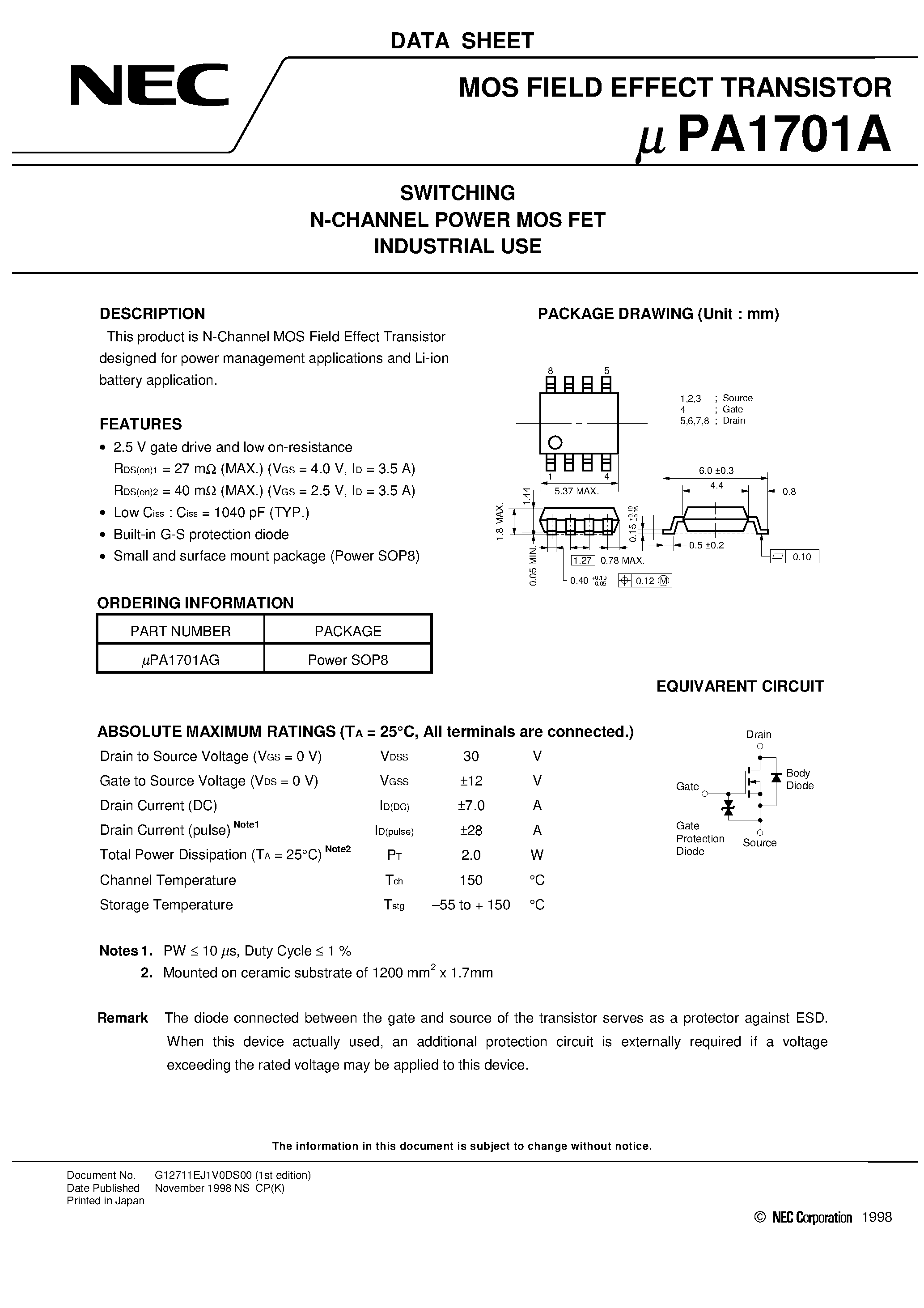 Даташит UPA1701A - SWITCHING N-CHANNEL POWER MOS FET INDUSTRIAL USE страница 1