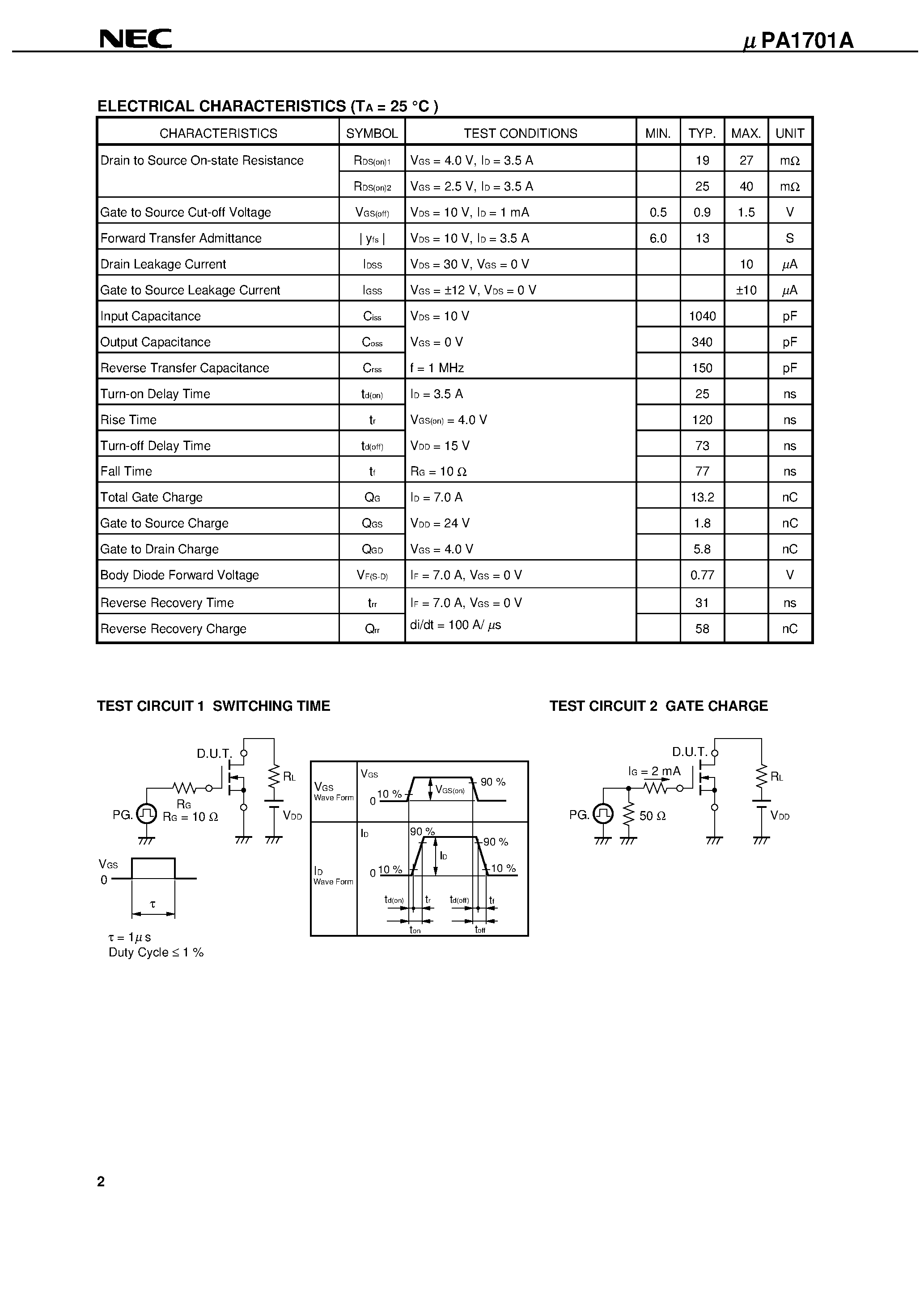 Даташит UPA1701A - SWITCHING N-CHANNEL POWER MOS FET INDUSTRIAL USE страница 2