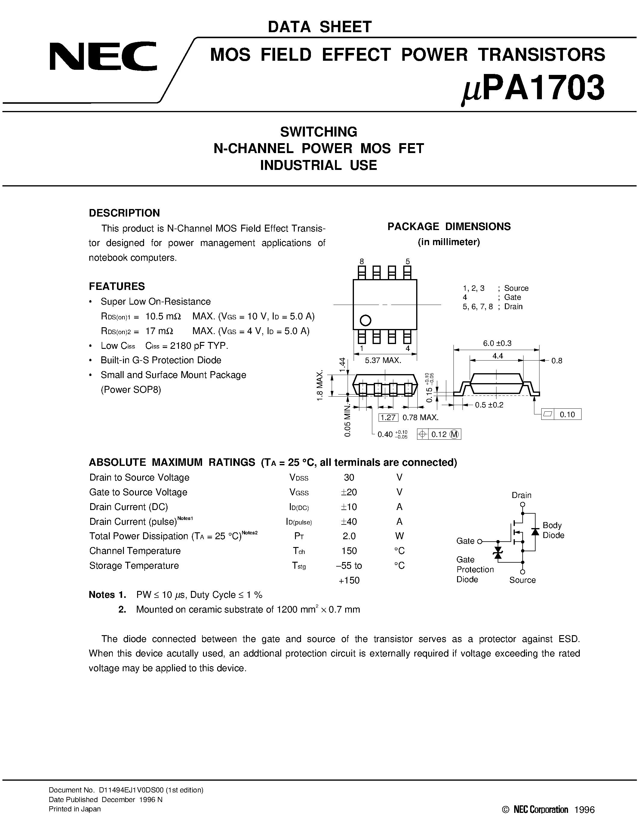 Даташит UPA1703 - SWITCHING N-CHANNEL POWER MOS FET INDUSTRIAL USE страница 1