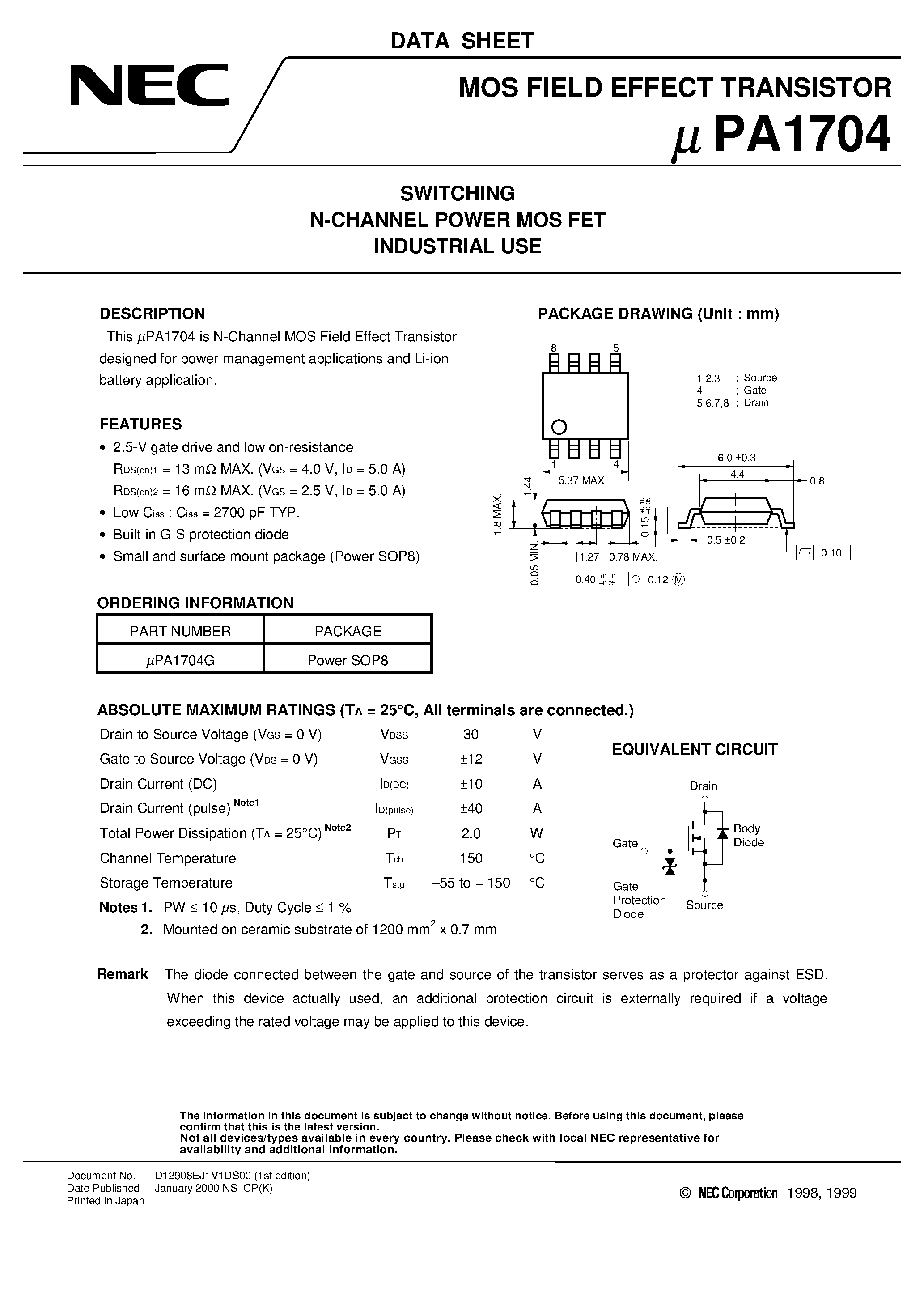 Даташит UPA1704 - SWITCHING N-CHANNEL POWER MOS FET INDUSTRIAL USE страница 1