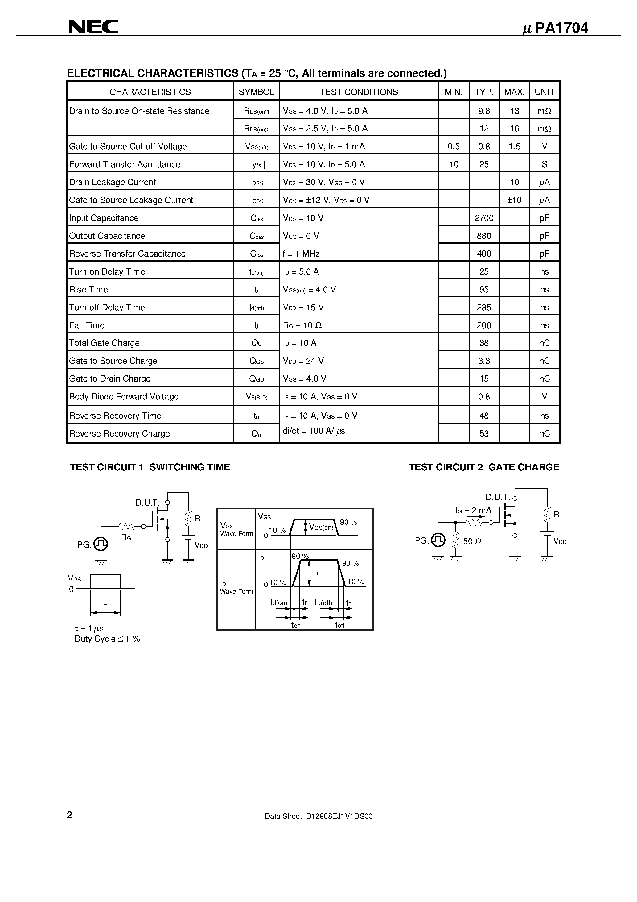 Даташит UPA1704 - SWITCHING N-CHANNEL POWER MOS FET INDUSTRIAL USE страница 2