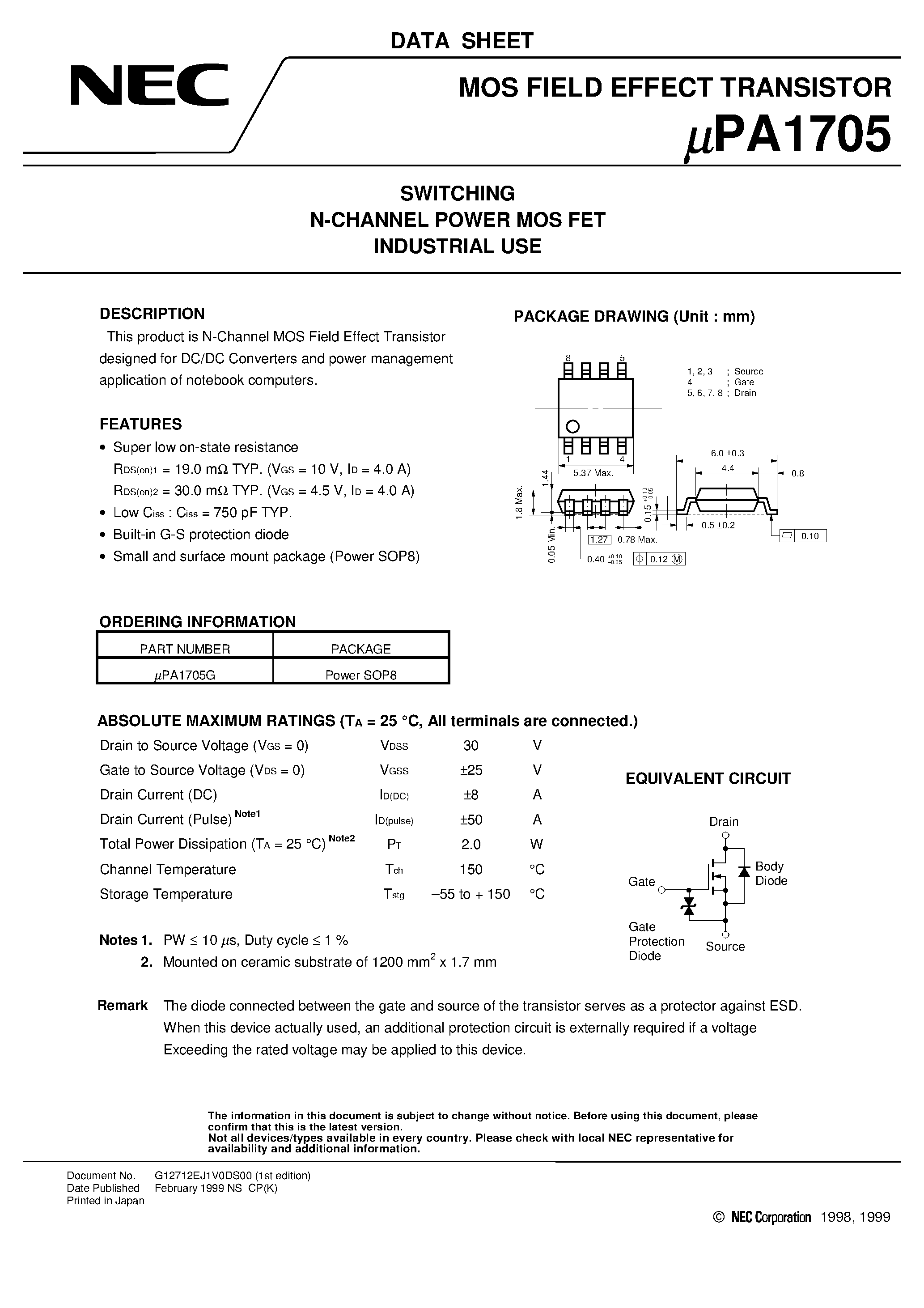 Даташит UPA1705 - SWITCHING N-CHANNEL POWER MOS FET INDUSTRIAL USE страница 1