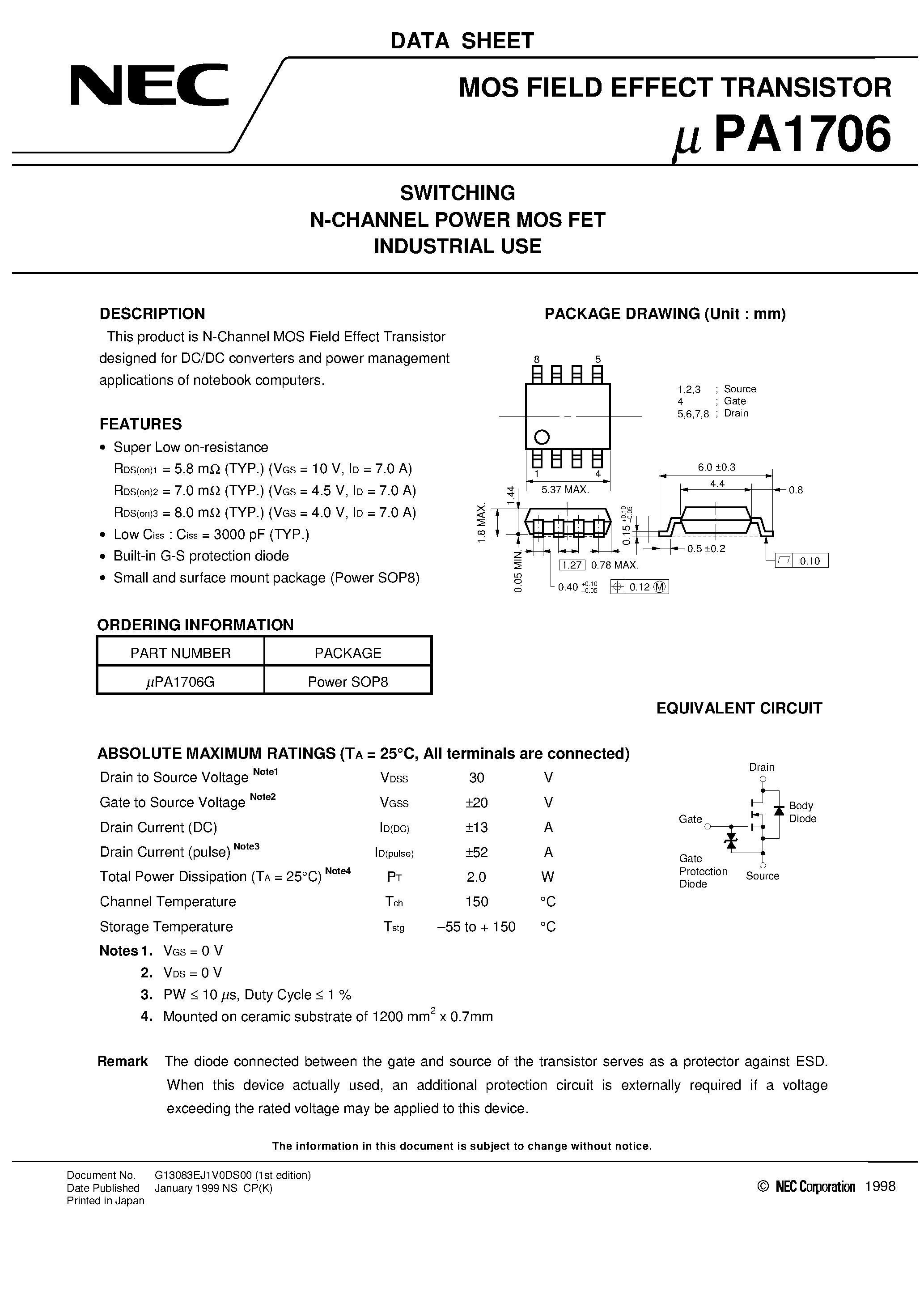 Даташит UPA1706 - SWITCHING N-CHANNEL POWER MOS FET INDUSTRIAL USE страница 1