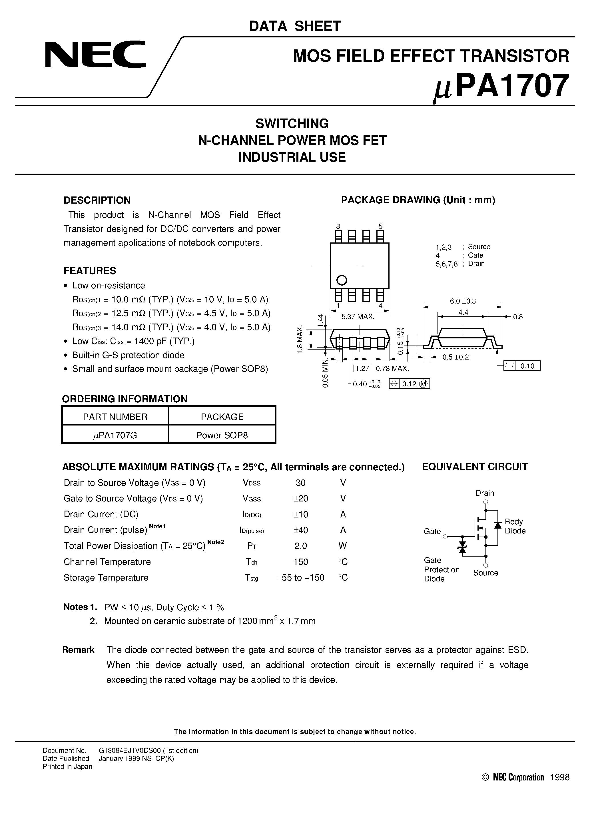 Даташит UPA1707 - SWITCHING N-CHANNEL POWER MOS FET INDUSTRIAL USE страница 1