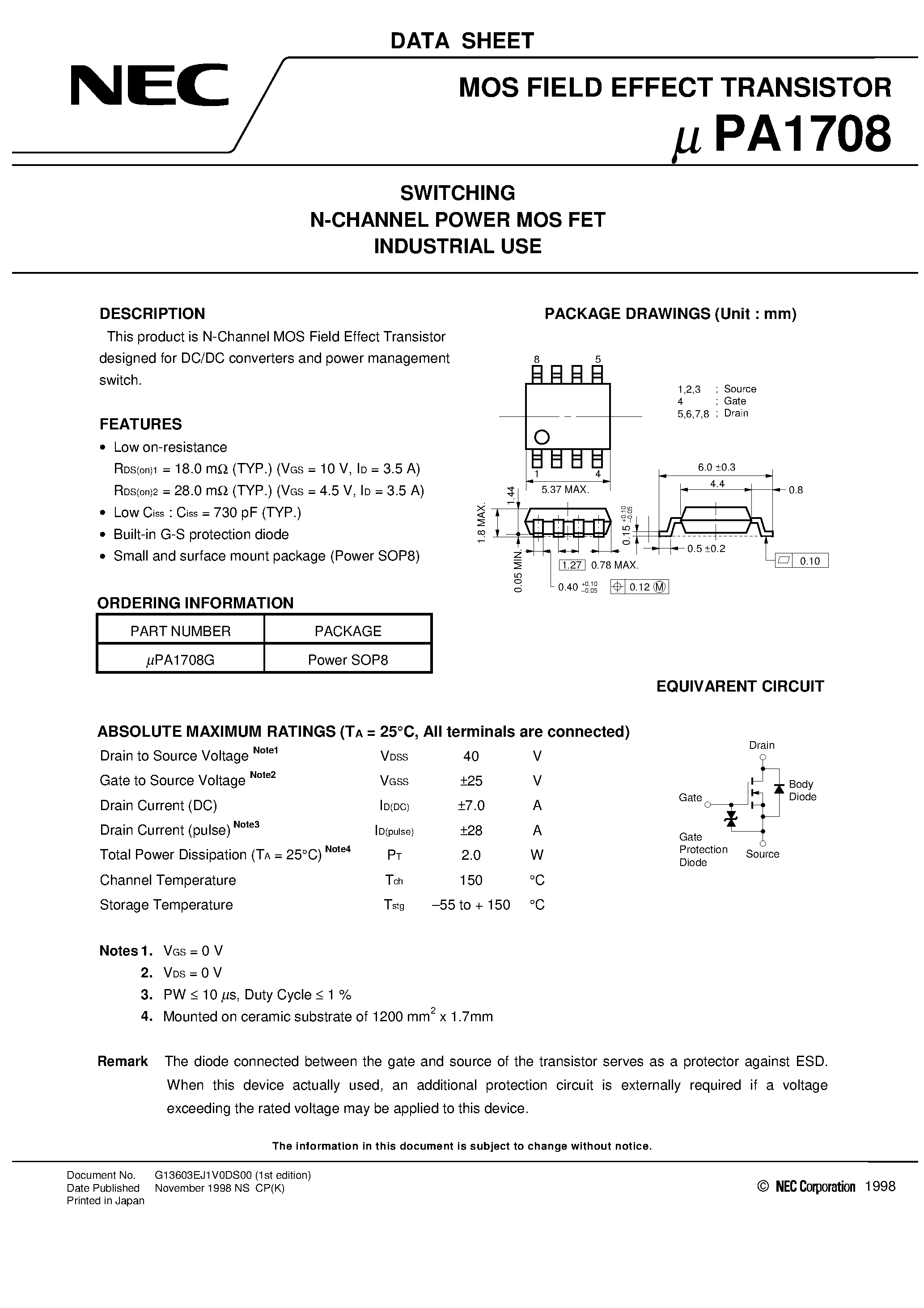 Даташит UPA1708 - SWITCHING N-CHANNEL POWER MOS FET INDUSTRIAL USE страница 1