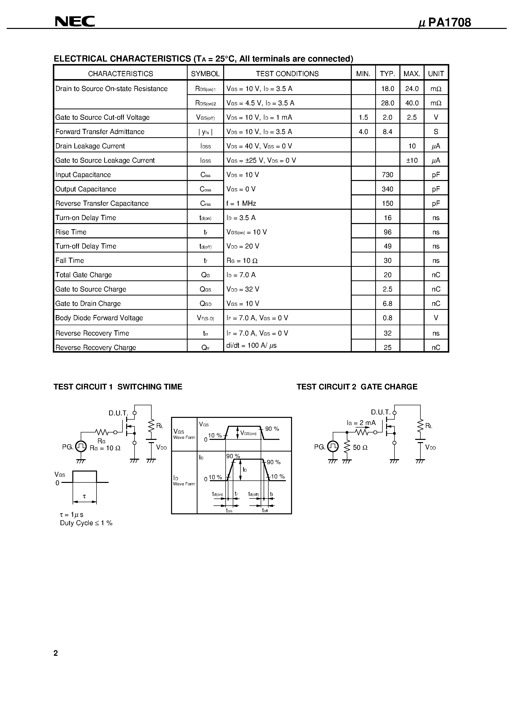 Даташит UPA1708 - SWITCHING N-CHANNEL POWER MOS FET INDUSTRIAL USE страница 2