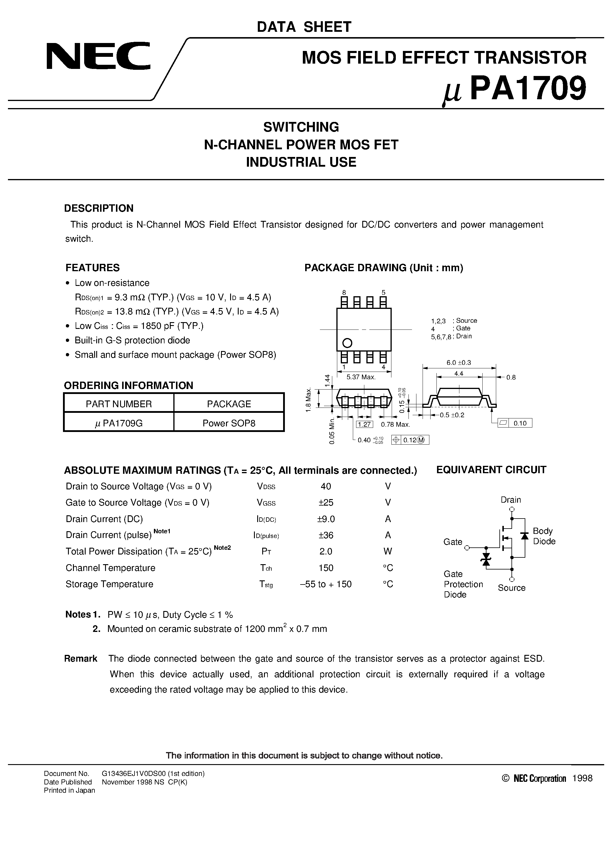 Даташит UPA1709 - SWITCHING N-CHANNEL POWER MOS FET INDUSTRIAL USE страница 1