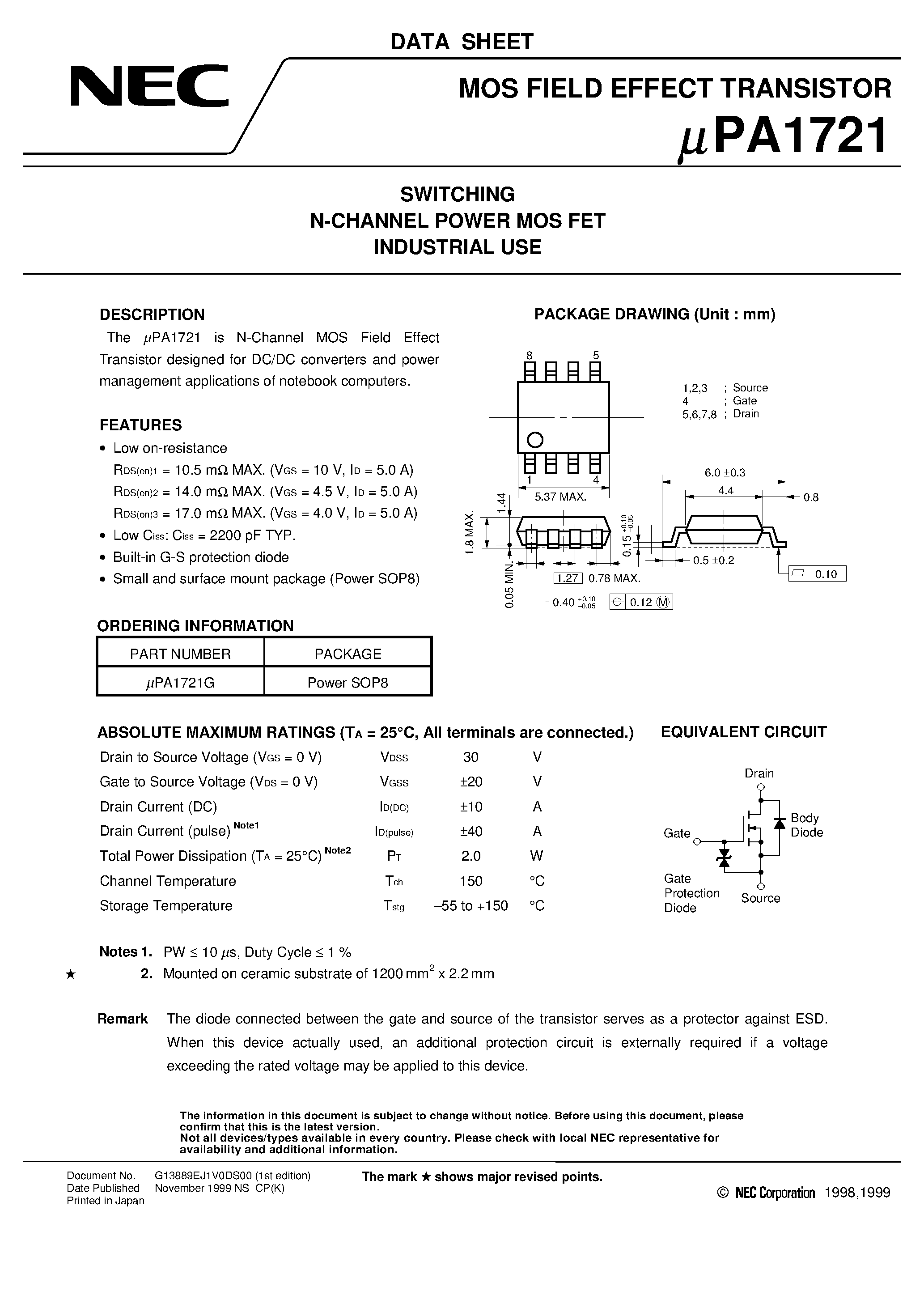 Даташит UPA1721 - SWITCHING N-CHANNEL POWER MOS FET INDUSTRIAL USE страница 1