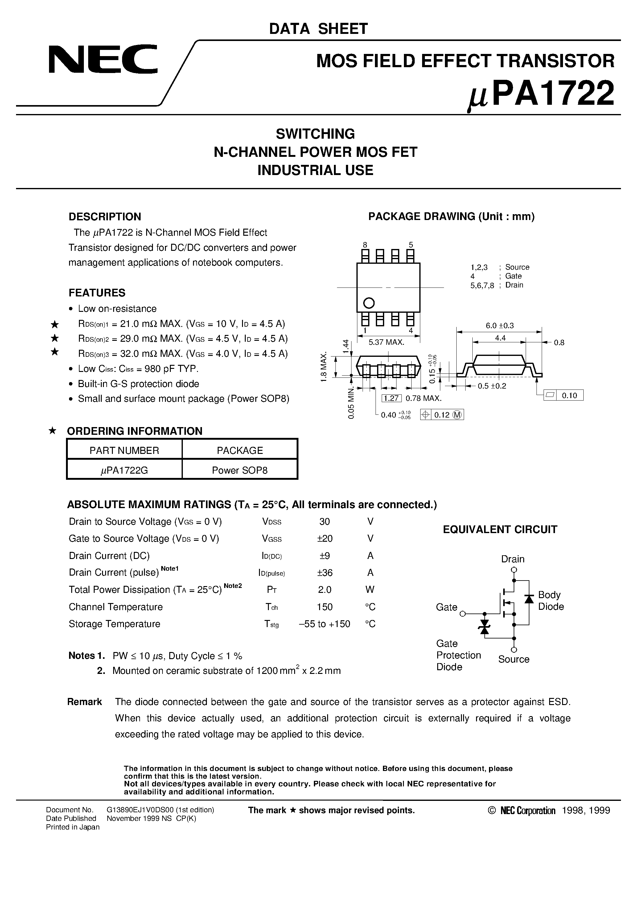 Даташит UPA1722 - SWITCHING N-CHANNEL POWER MOS FET INDUSTRIAL USE страница 1