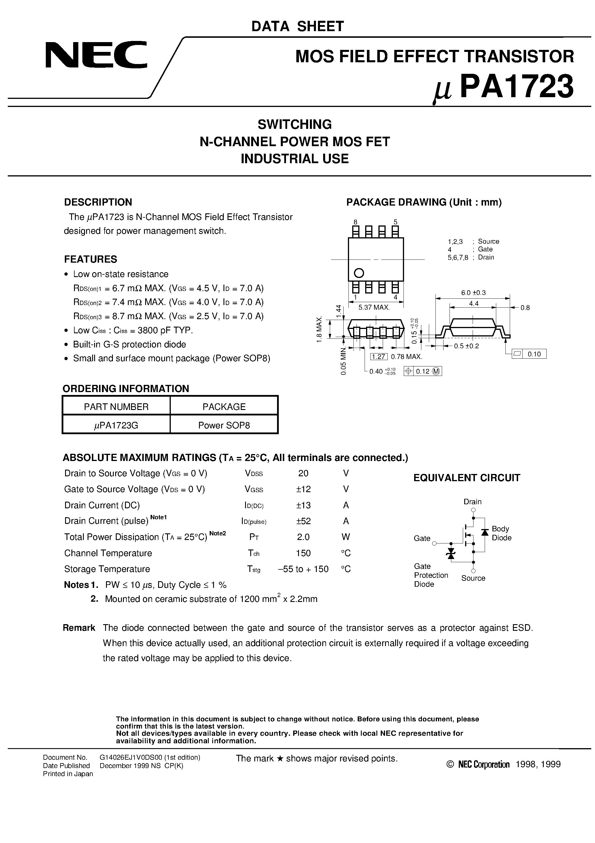 Даташит UPA1723 - SWITCHING N-CHANNEL POWER MOS FET INDUSTRIAL USE страница 1