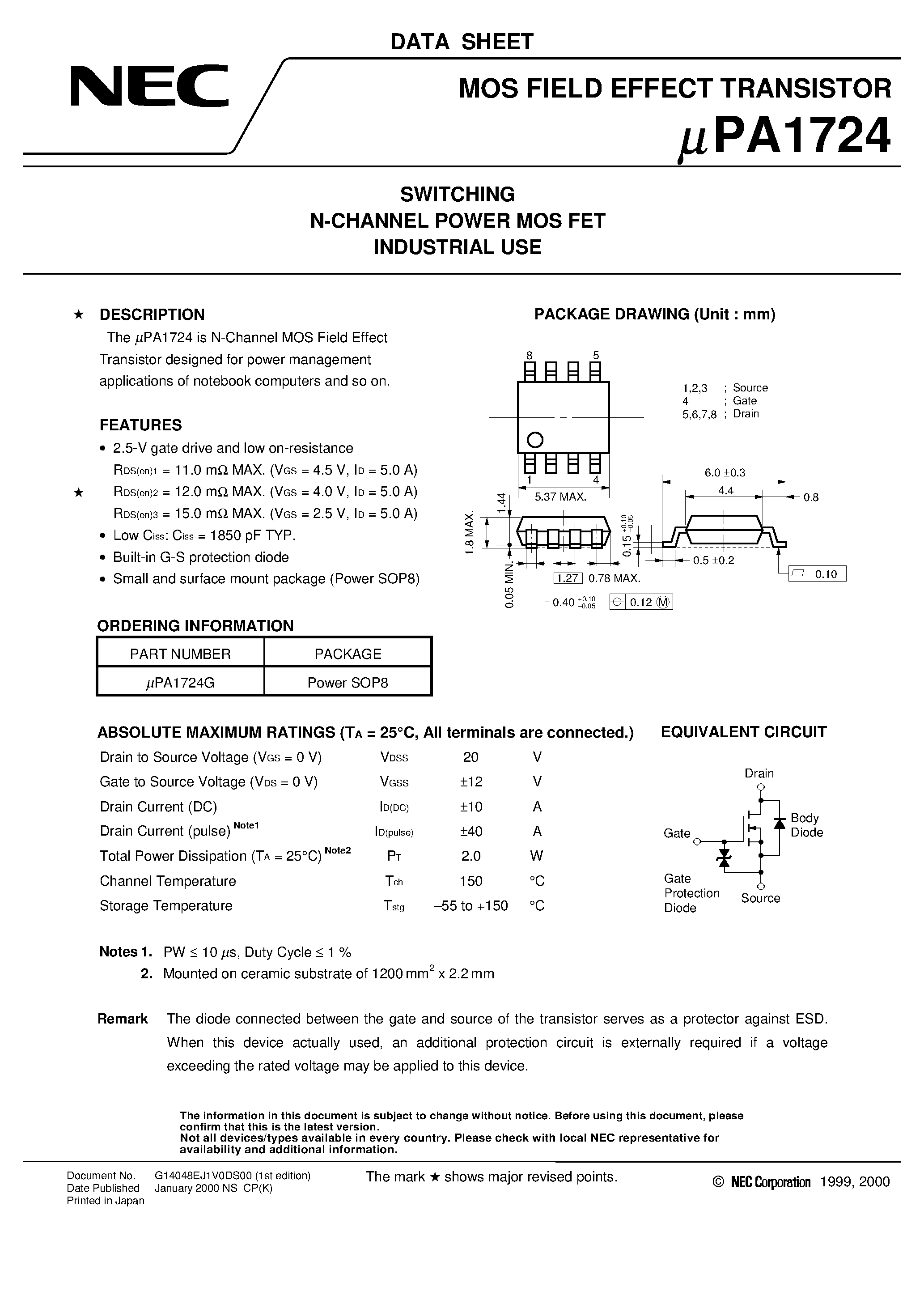 Даташит UPA1724 - SWITCHING N-CHANNEL POWER MOS FET INDUSTRIAL USE страница 1