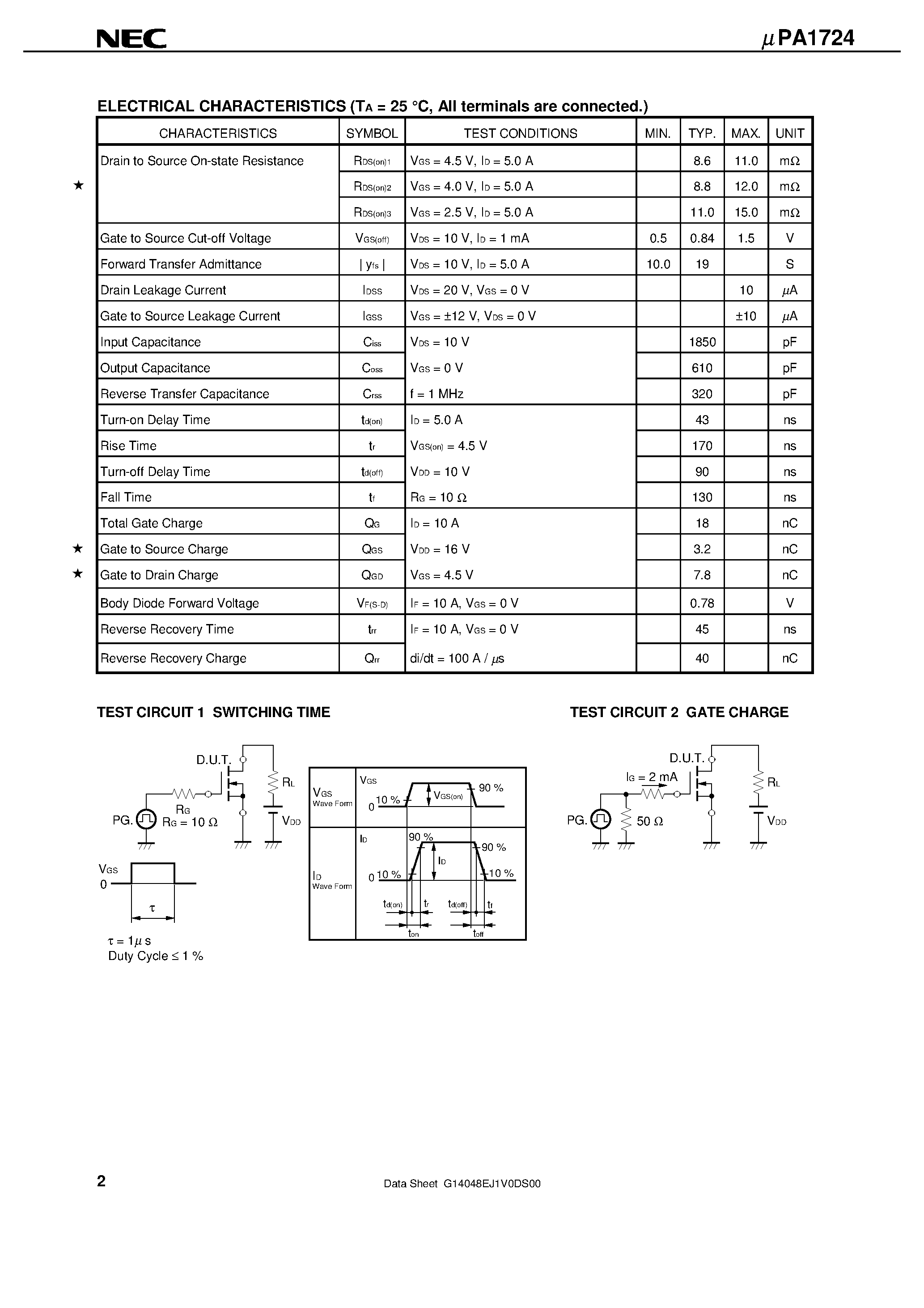 Даташит UPA1724 - SWITCHING N-CHANNEL POWER MOS FET INDUSTRIAL USE страница 2