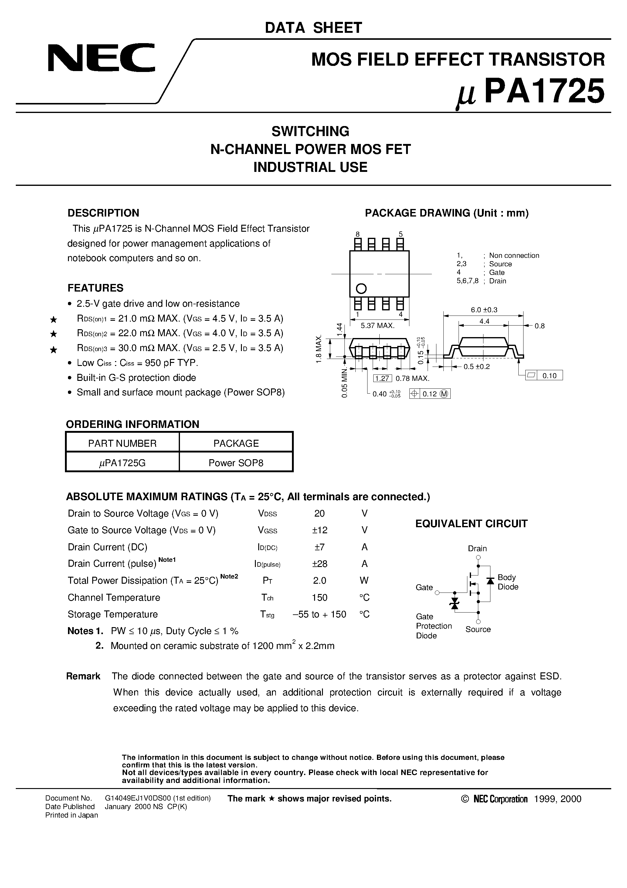 Даташит UPA1725 - SWITCHING N-CHANNEL POWER MOS FET INDUSTRIAL USE страница 1