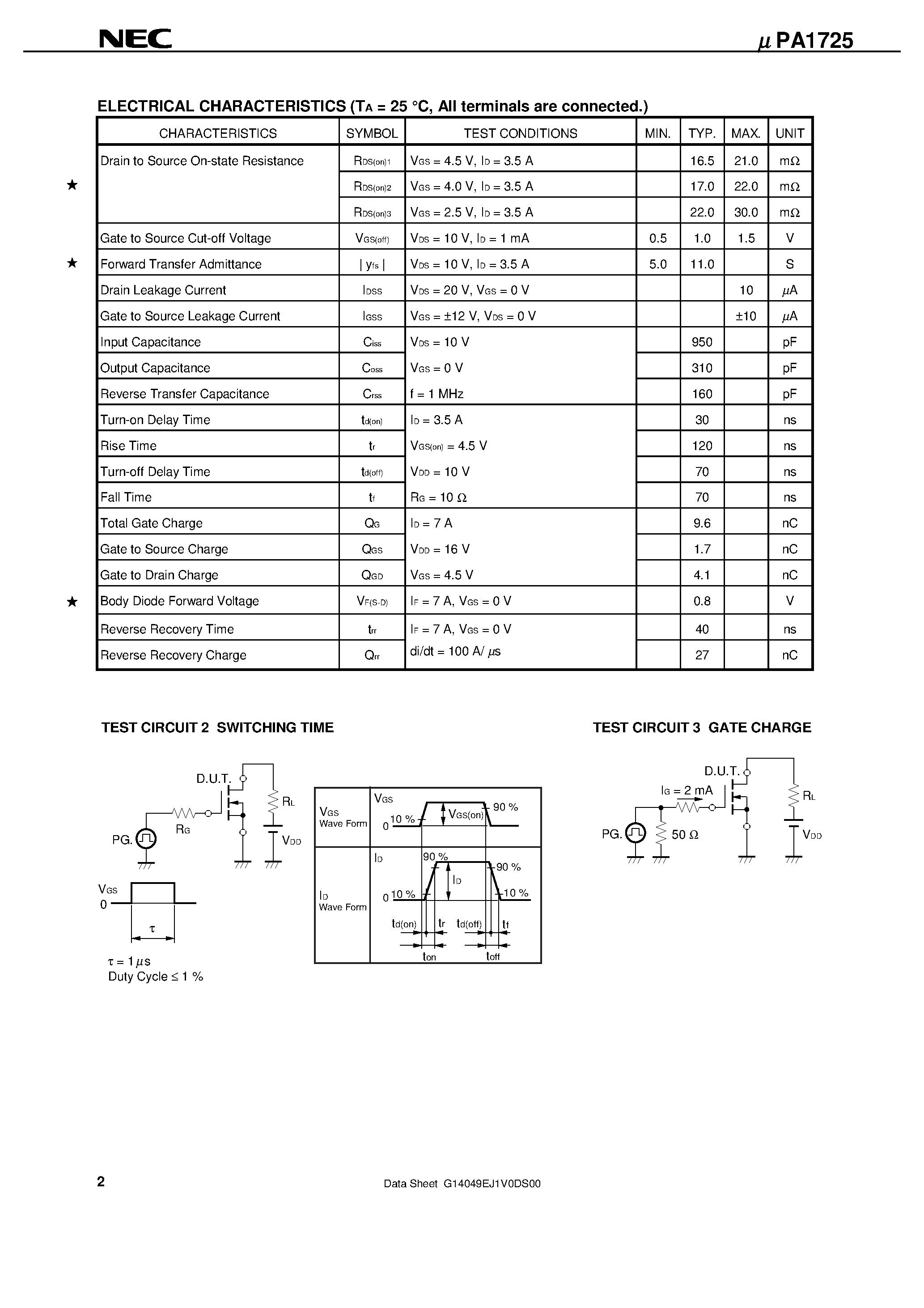 Даташит UPA1725 - SWITCHING N-CHANNEL POWER MOS FET INDUSTRIAL USE страница 2